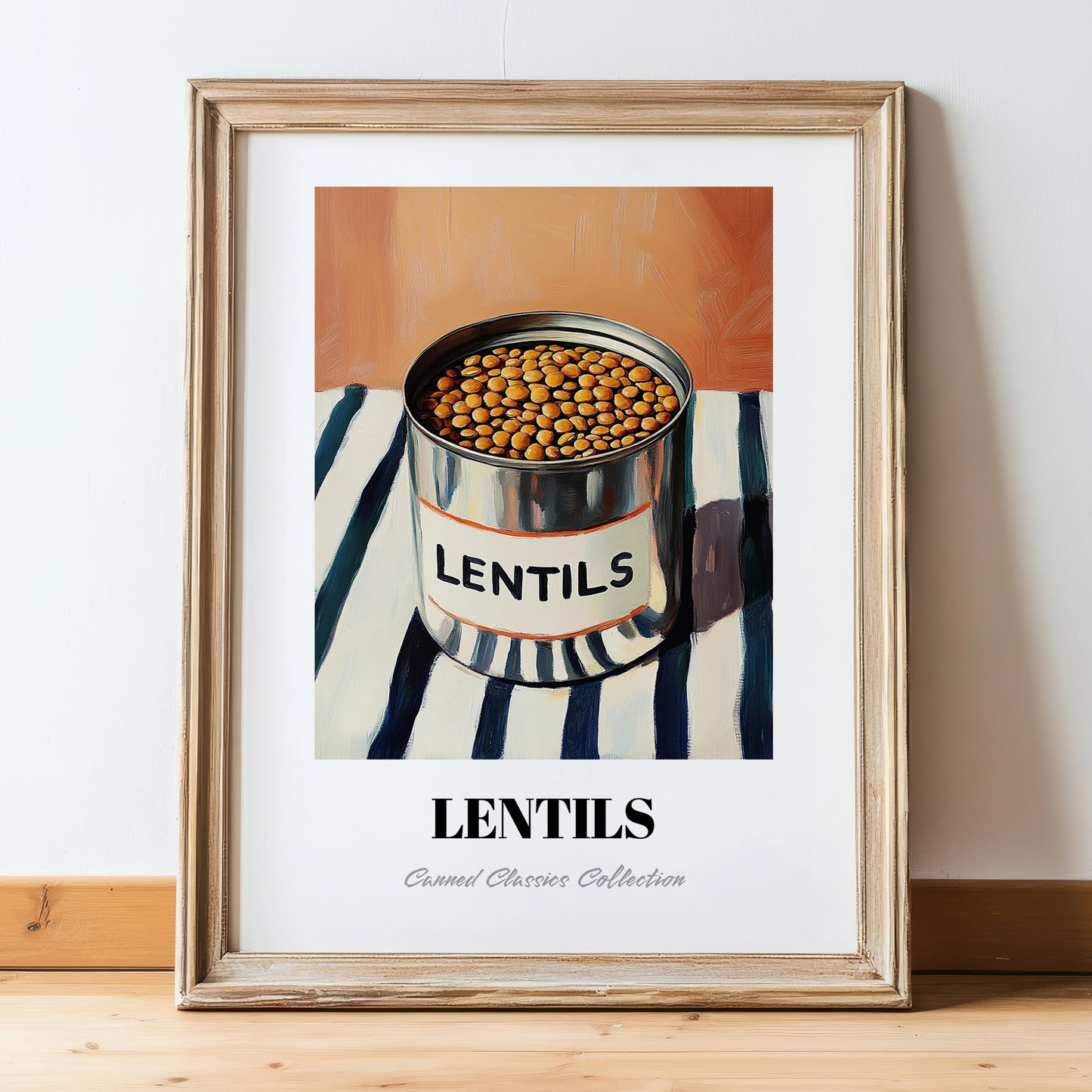 Lentils – on Striped Tablecloth, Canned Vegetables Painting, in wooden frame leaning on the floor