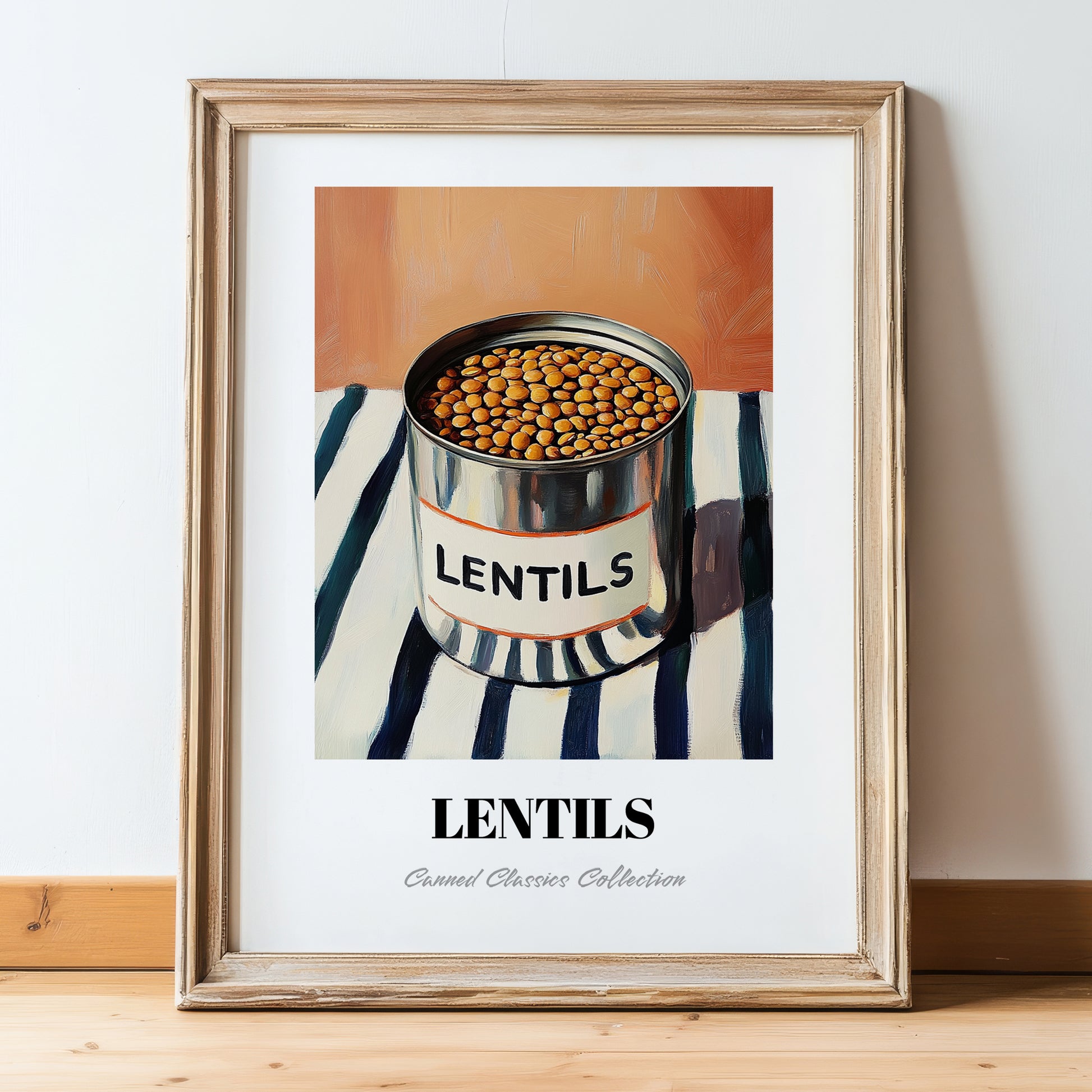 Lentils – on Striped Tablecloth, Canned Vegetables Painting, in wooden frame leaning on the floor