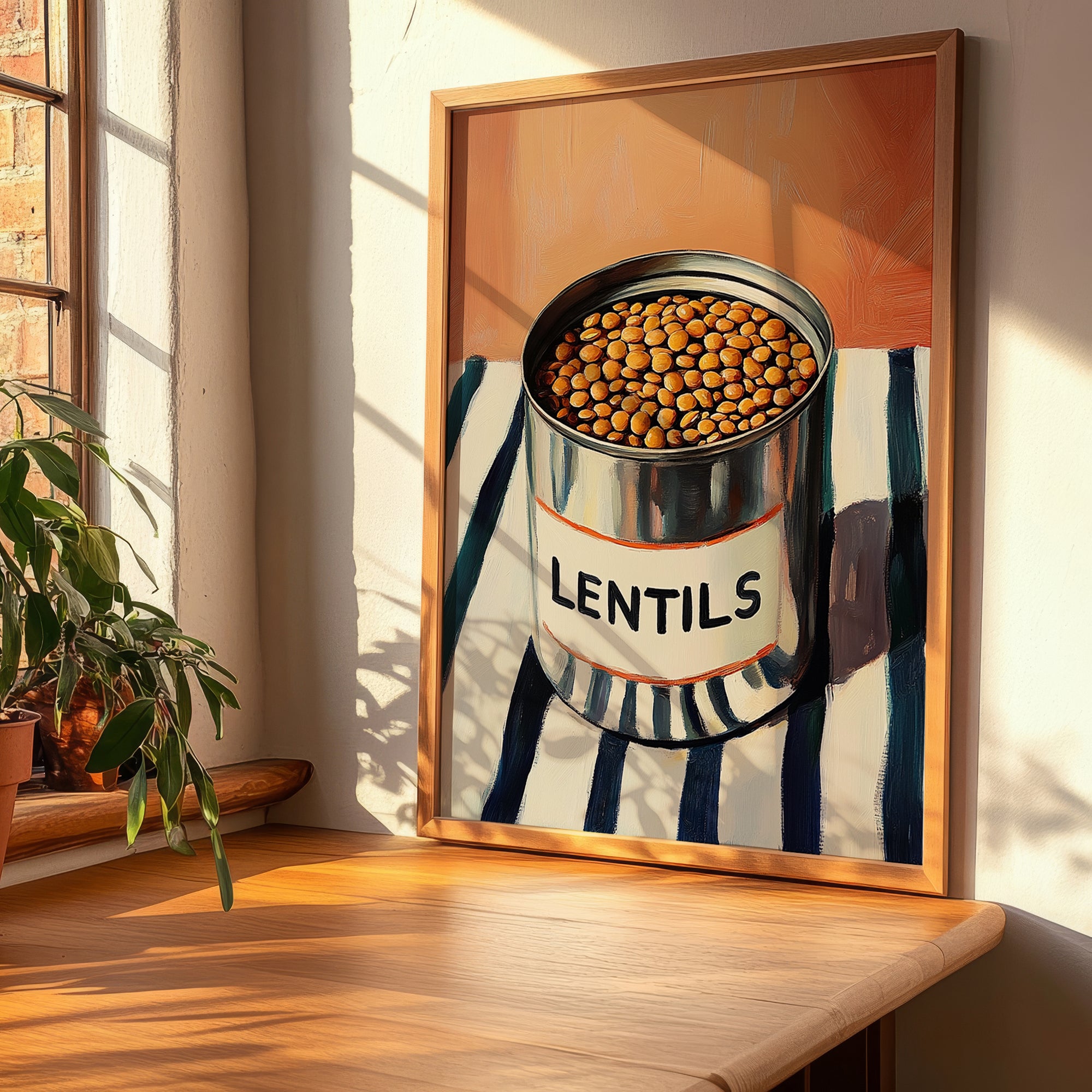 Lentils – on Striped Tablecloth, Canned Vegetables Painting, clean layout with no caption
