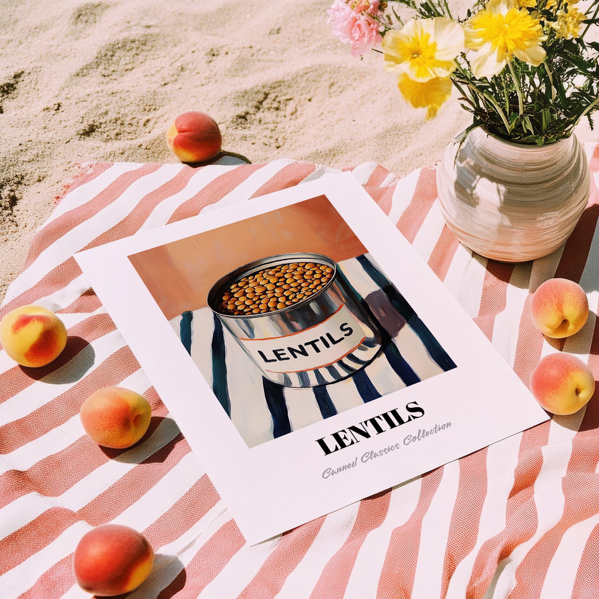 Lentils – on Striped Tablecloth, Canned Vegetables Painting, unframed on coastal sand