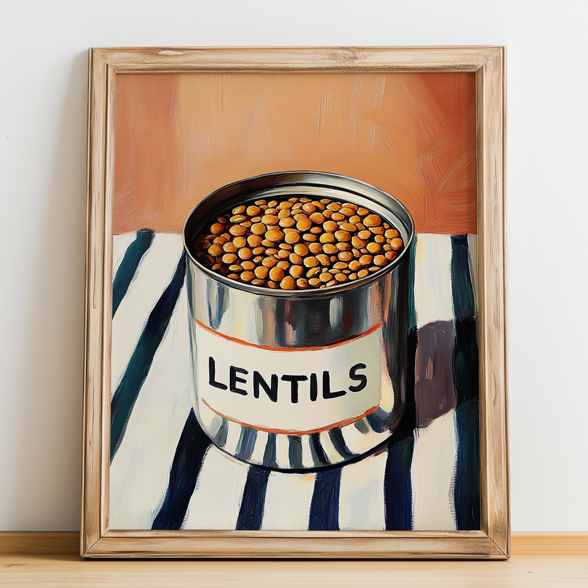 Lentils – on Striped Tablecloth, Canned Vegetables Painting, no-text version framed in wood