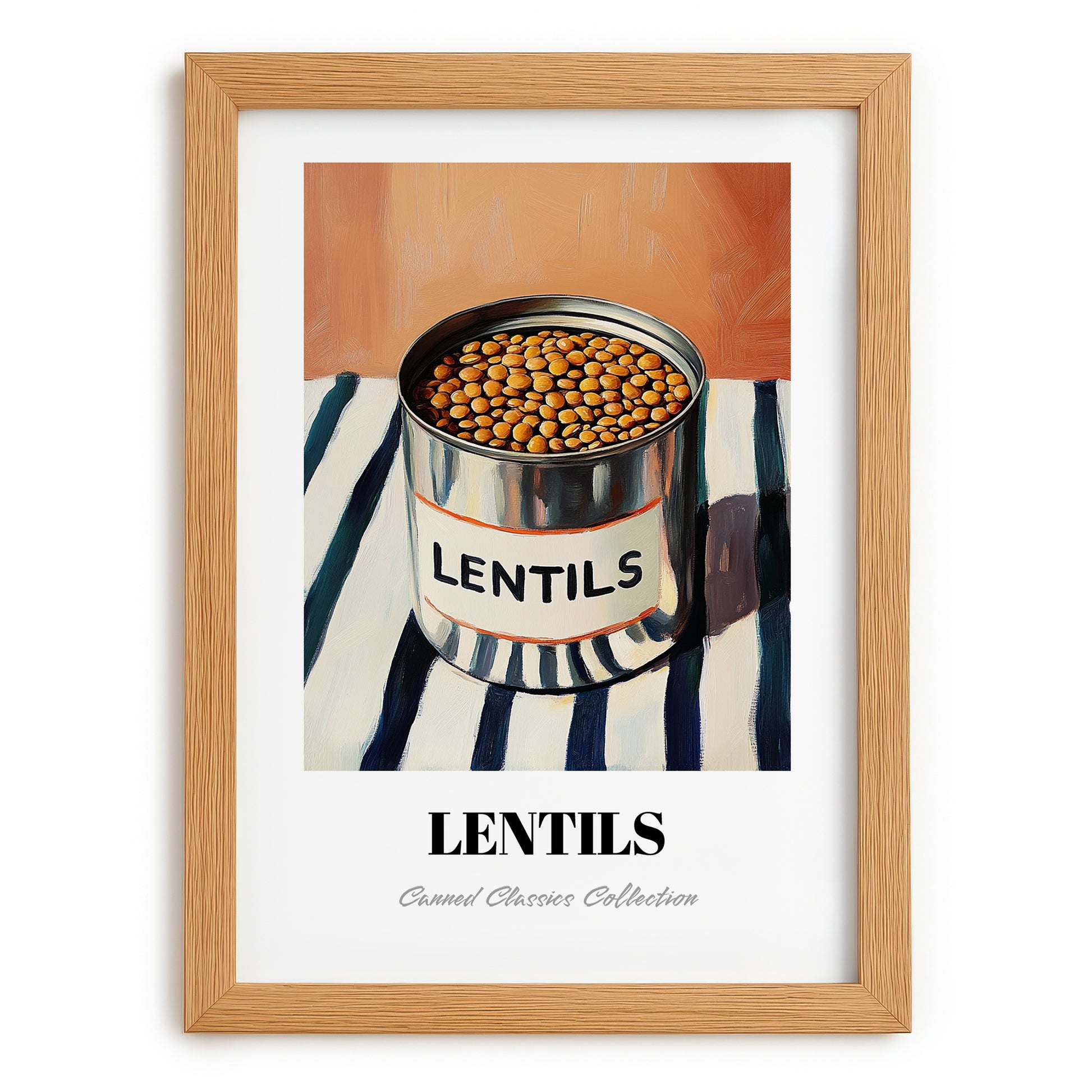 Lentils – on Striped Tablecloth, Canned Vegetables Painting, set in oak frame