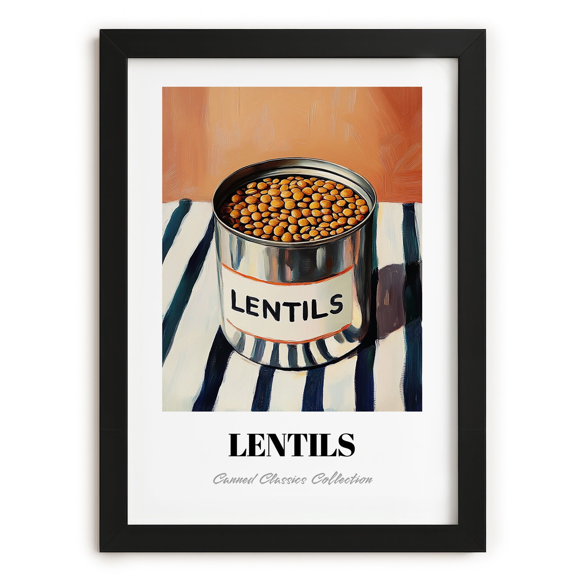 Lentils – on Striped Tablecloth, Canned Vegetables Painting, in sleek black frame
