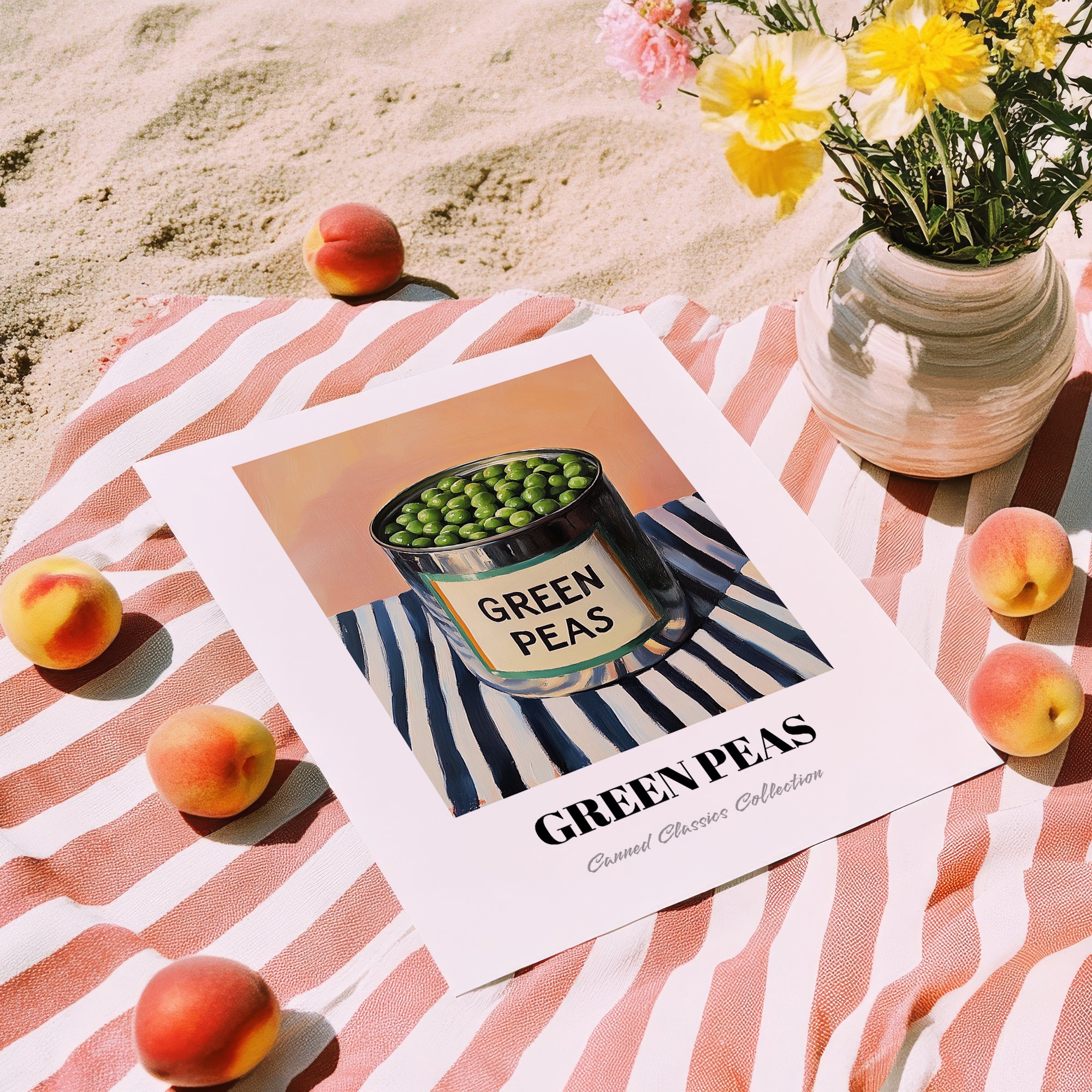 Green Peas – on Striped Tablecloth, Canned Vegetables Poster, unframed on coastal sand