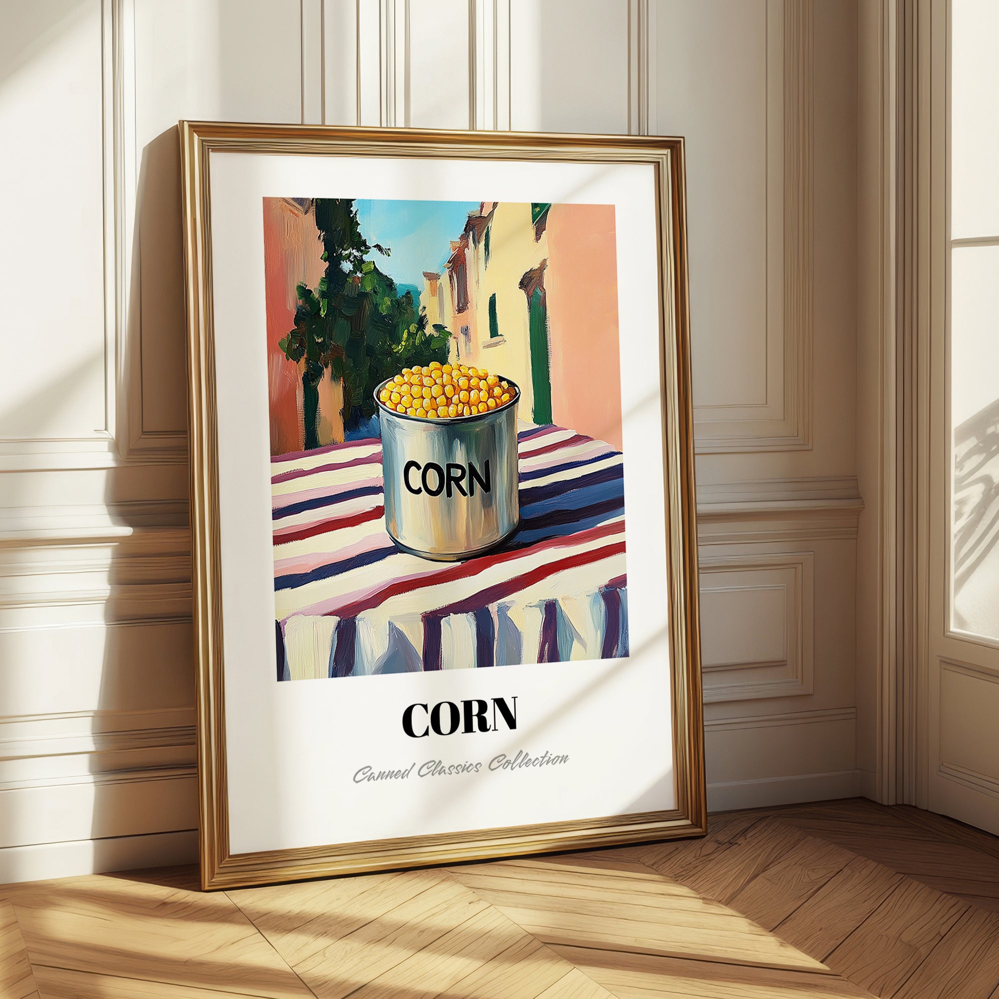 Corn – Italian Urban Café Scene, Canned Vegetables Painting