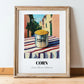 Corn – Italian Urban Café Scene, Canned Vegetables Painting, in wooden frame leaning on the floor
