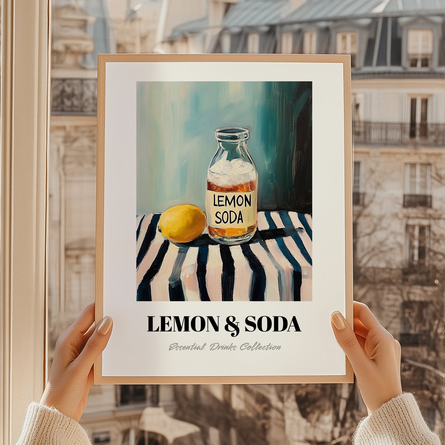 Lemon & Soda – on Striped Tablecloth, Lemonade Poster, styled in a charming Paris street view