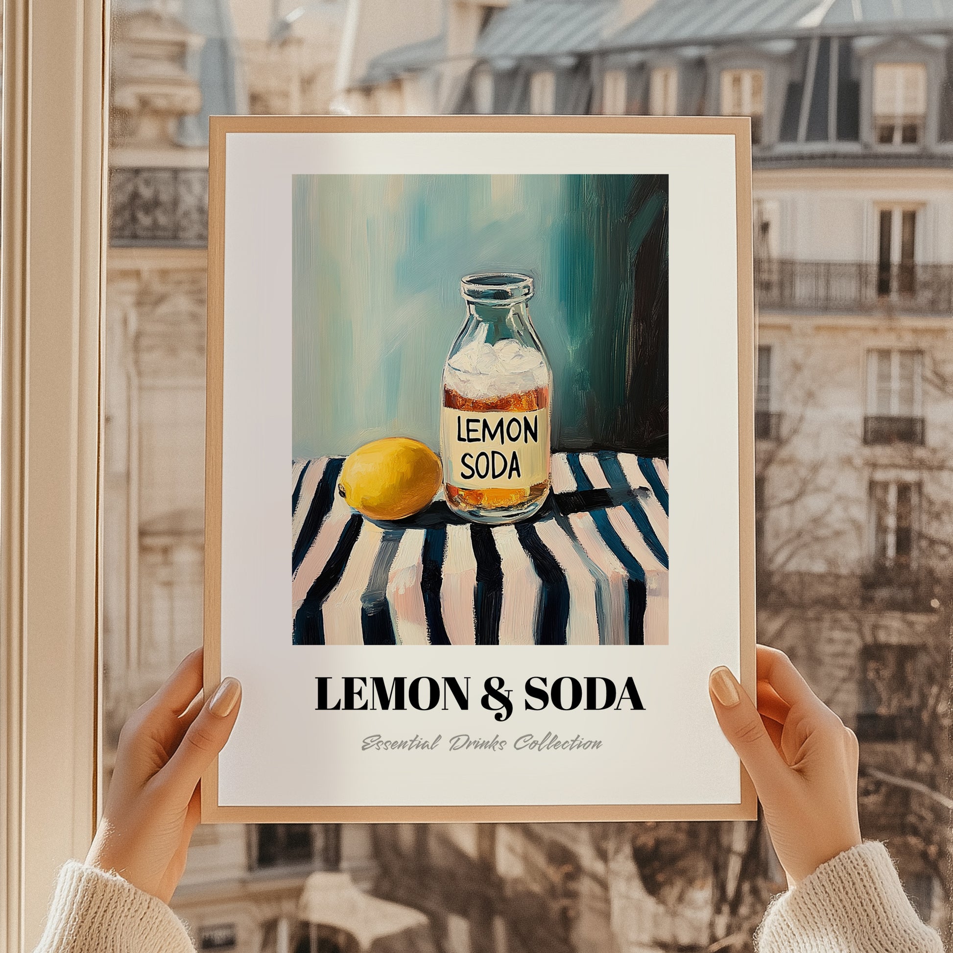 Lemon & Soda – on Striped Tablecloth, Lemonade Poster, styled in a charming Paris street view