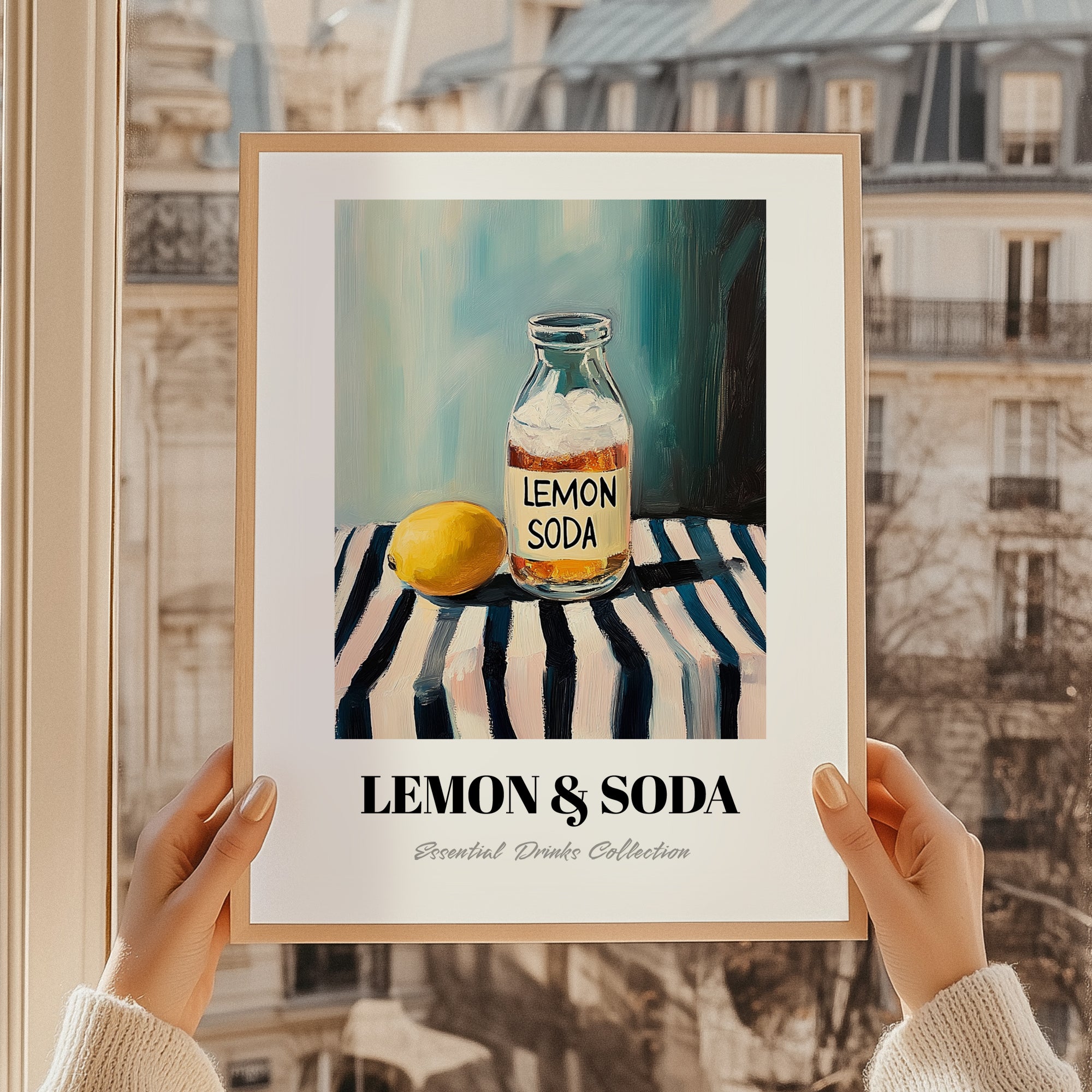 Lemon & Soda – on Striped Tablecloth, Lemonade Poster, styled in a charming Paris street view