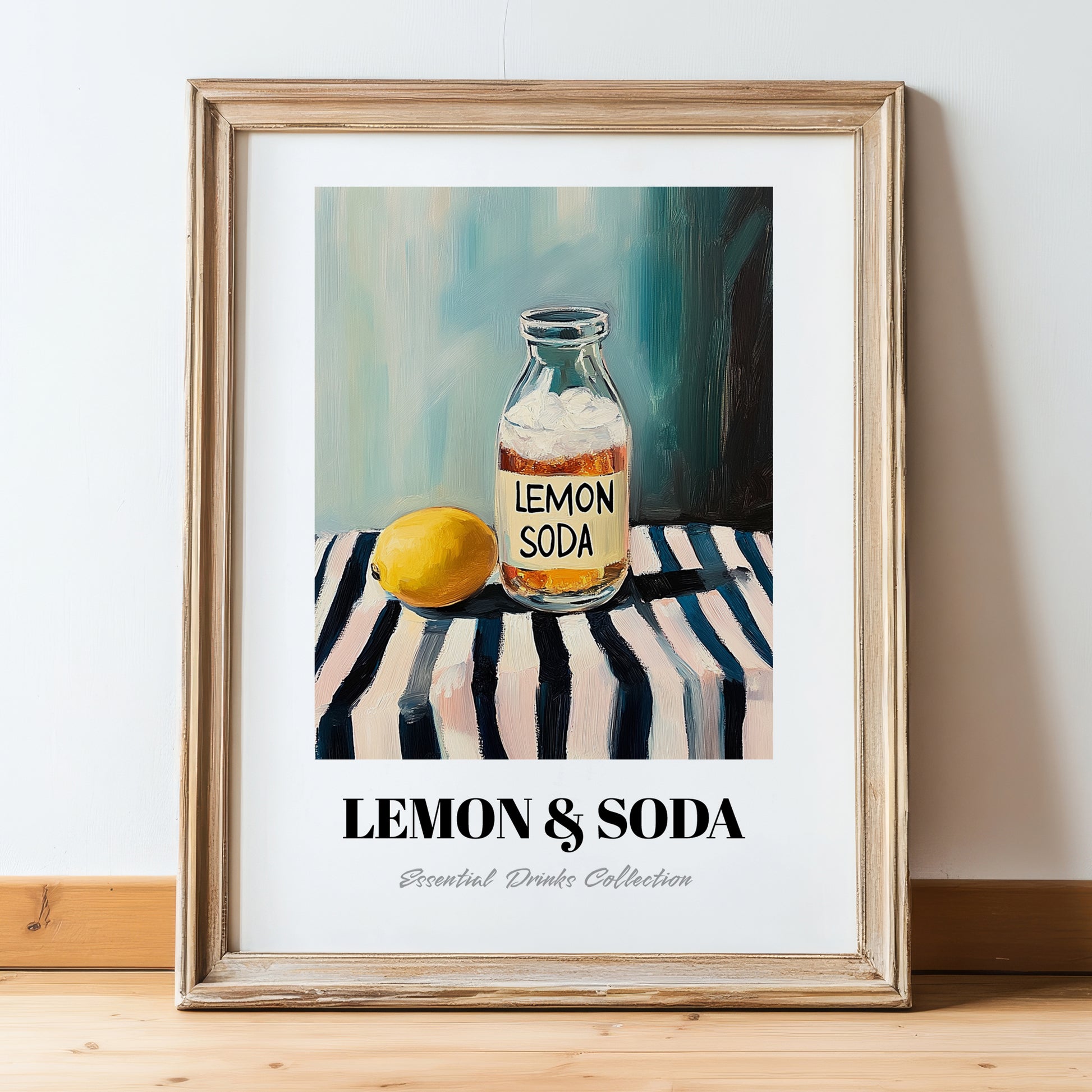 Lemon & Soda – on Striped Tablecloth, Lemonade Poster, in wooden frame leaning on the floor