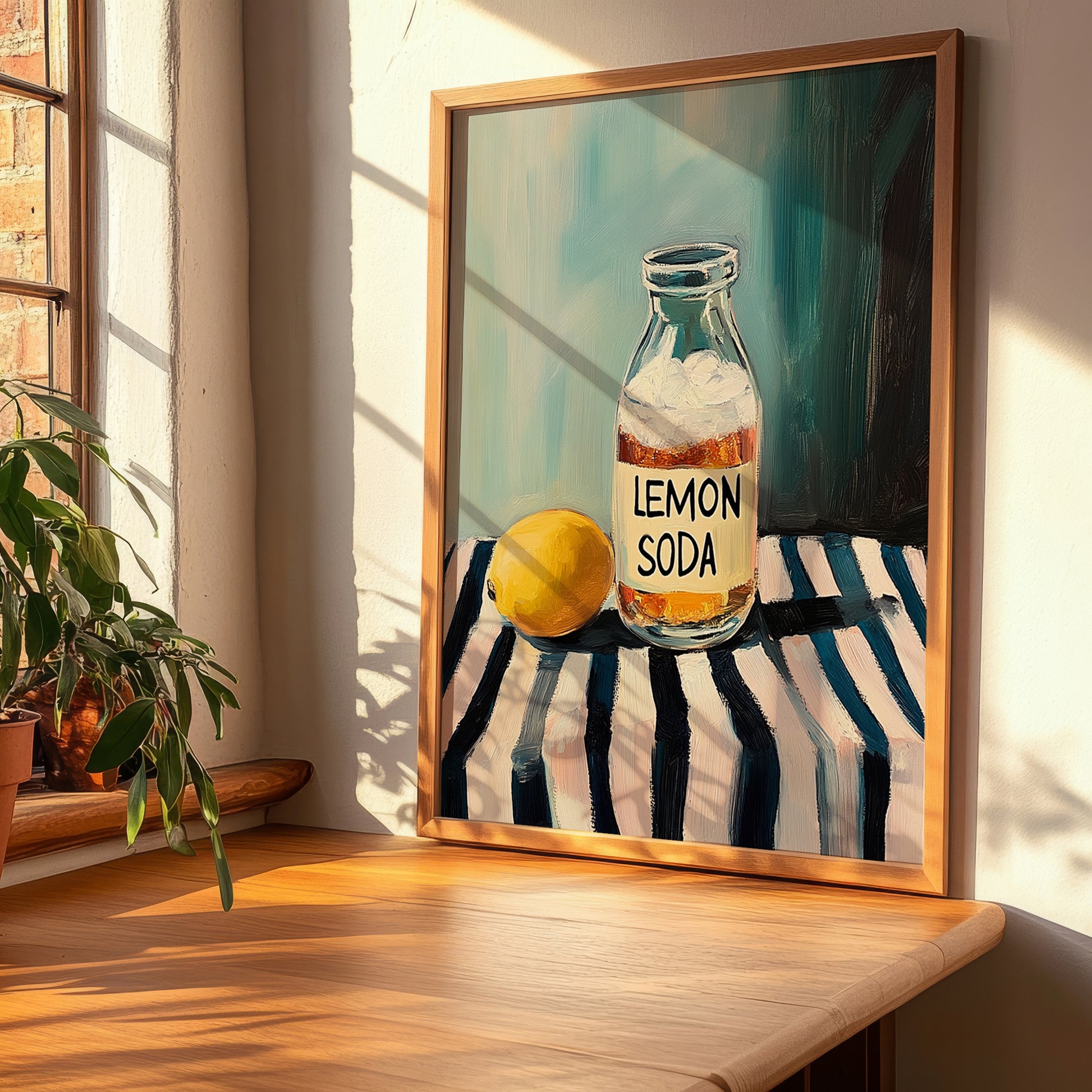 Lemon & Soda – on Striped Tablecloth, Lemonade Poster, clean layout with no caption