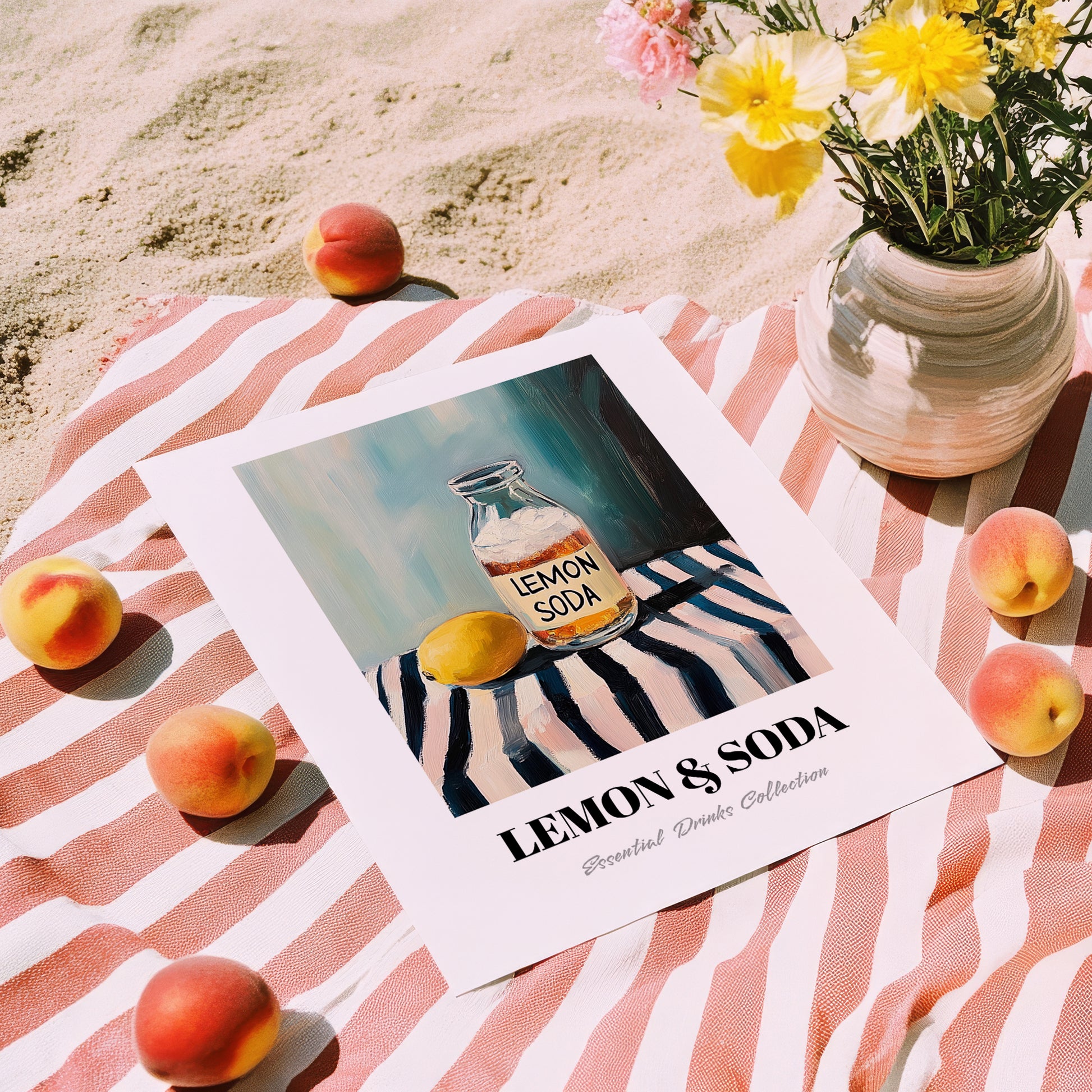 Lemon & Soda – on Striped Tablecloth, Lemonade Poster, unframed on coastal sand