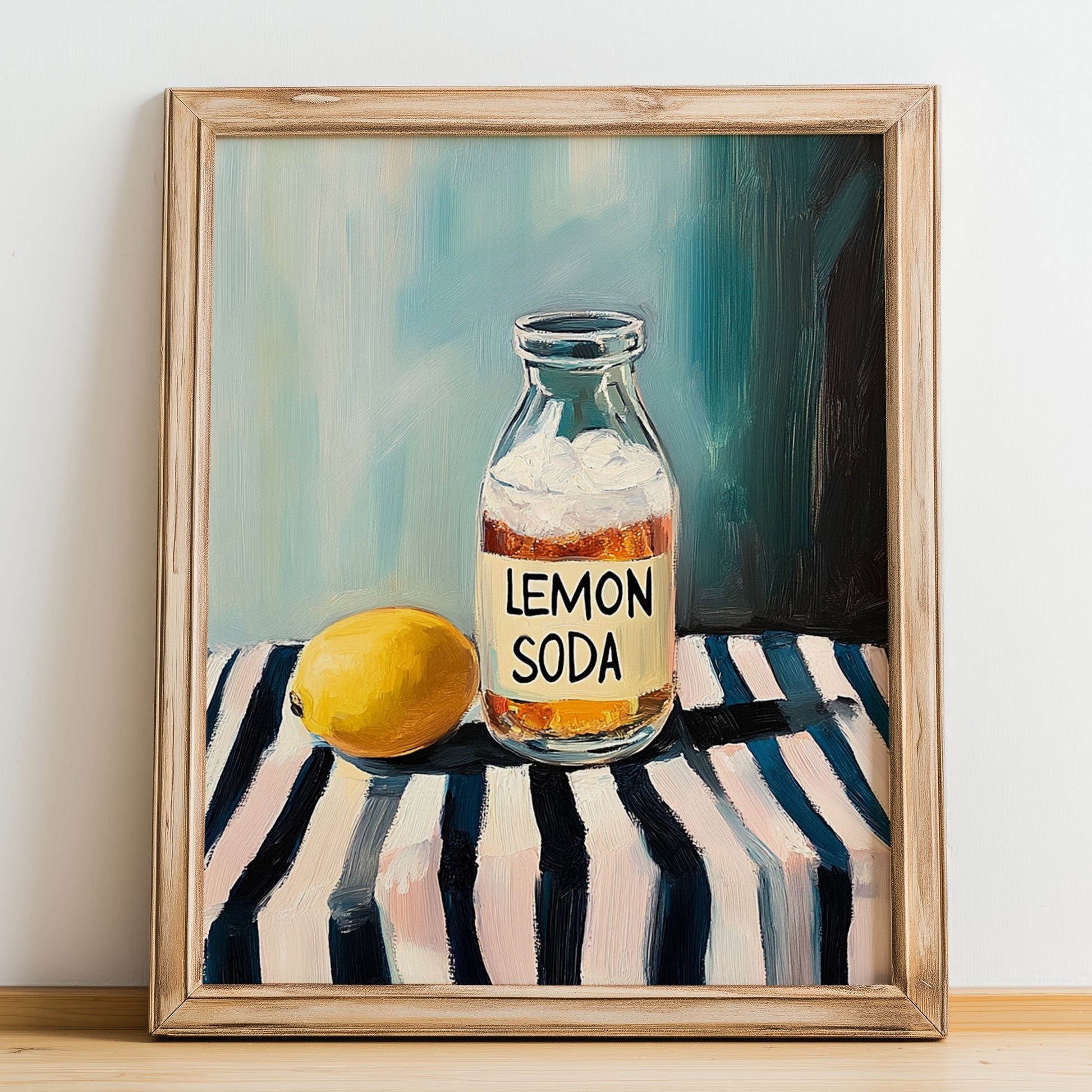 Lemon & Soda – on Striped Tablecloth, Lemonade Poster, no-text version framed in wood