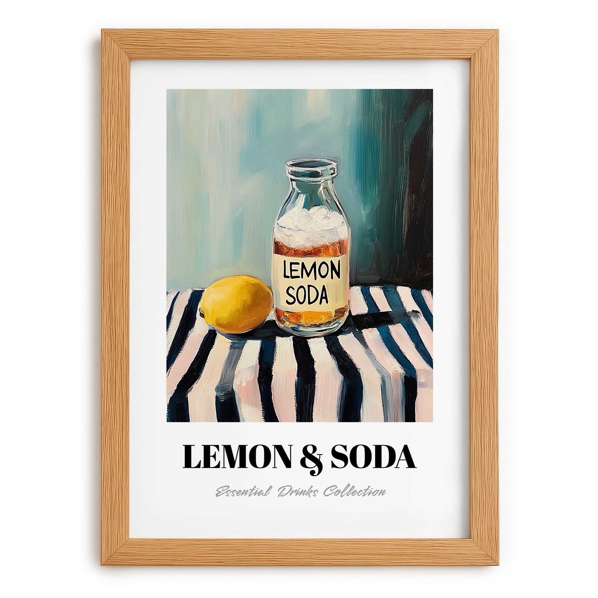 Lemon & Soda – on Striped Tablecloth, Lemonade Poster, set in oak frame