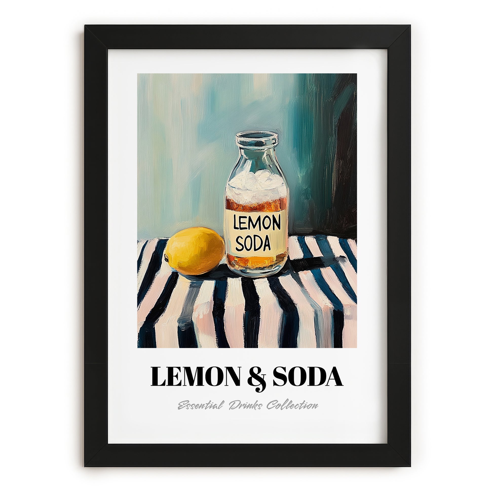 Lemon & Soda – on Striped Tablecloth, Lemonade Poster, in sleek black frame