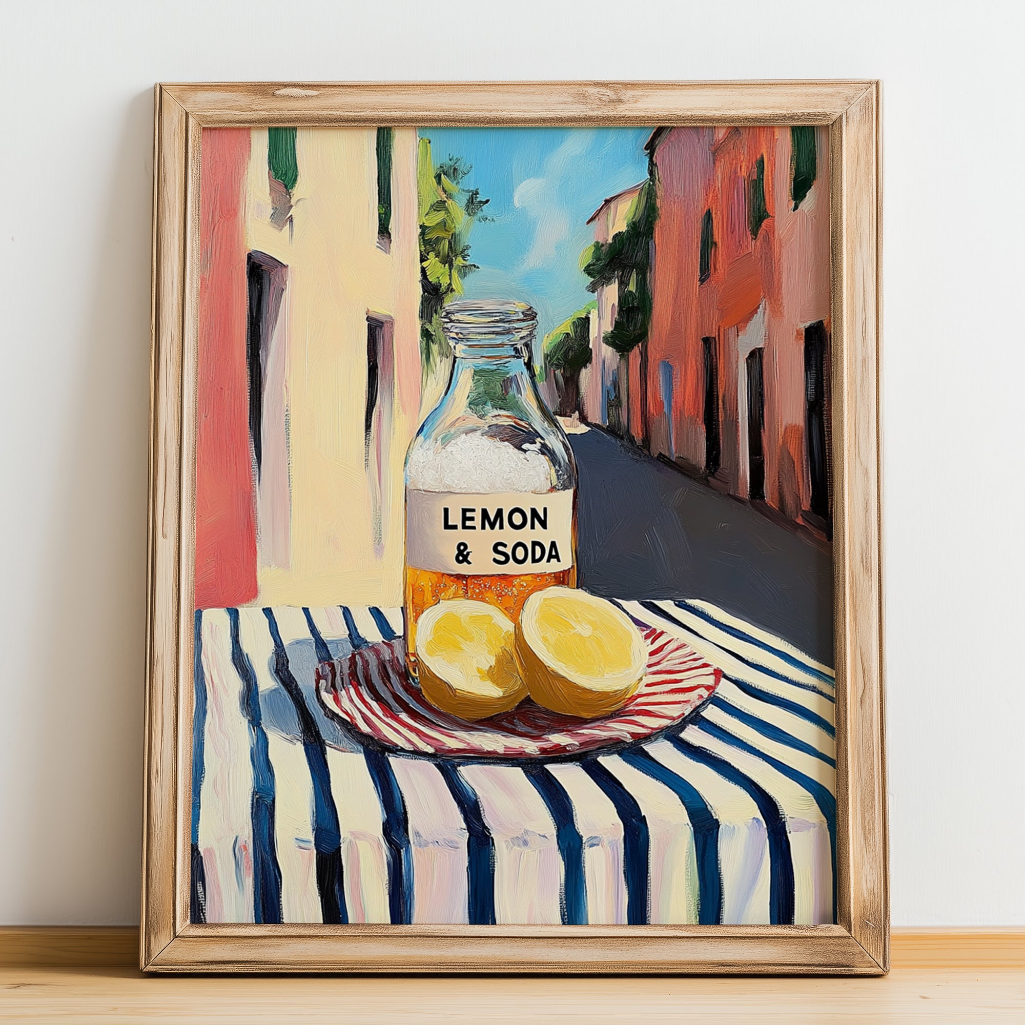 Lemon & Soda – Italian Outdoor Café Scene, Lemonade Painting, no-text version framed in wood