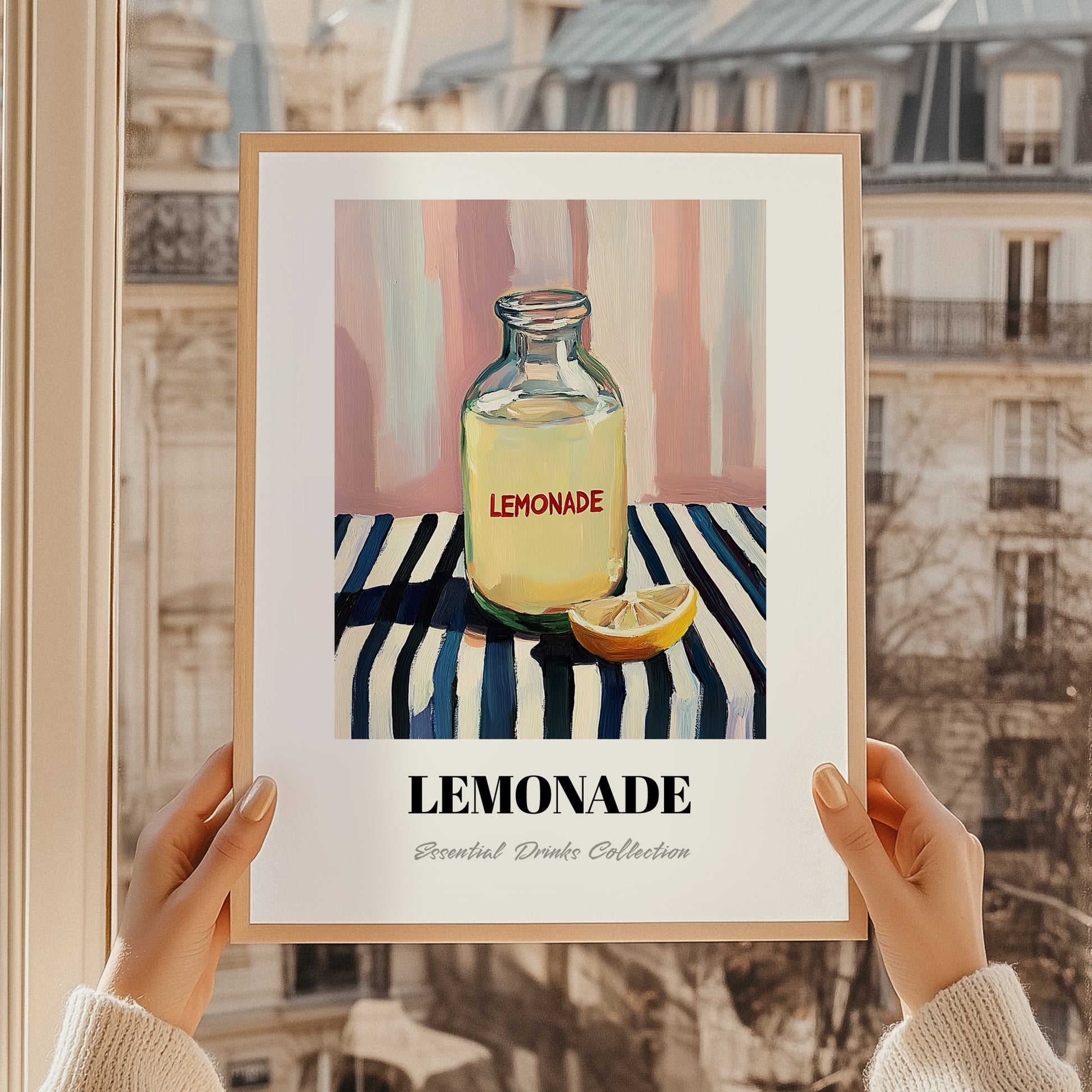 Lemonade – on Striped Tablecloth, Lemonade Poster, styled in a charming Paris street view