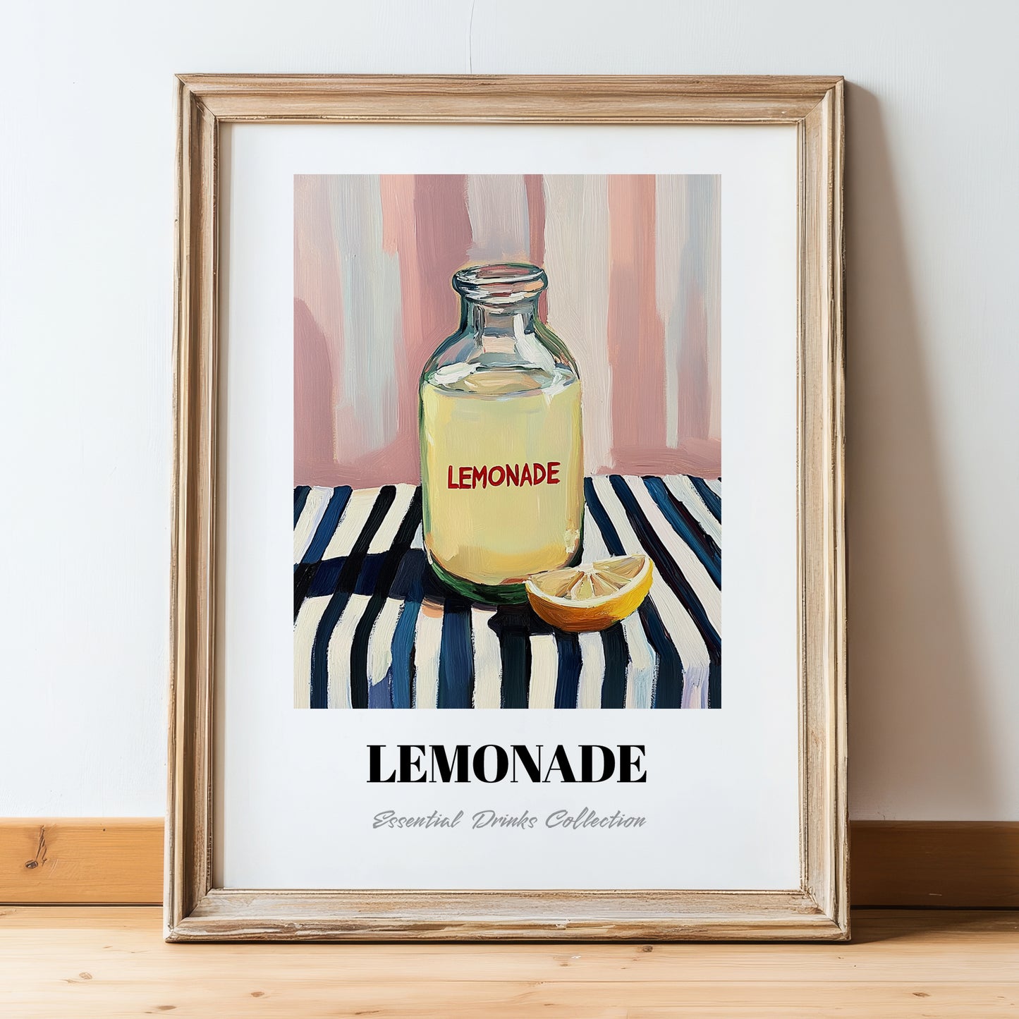 Lemonade – on Striped Tablecloth, Lemonade Poster, in wooden frame leaning on the floor
