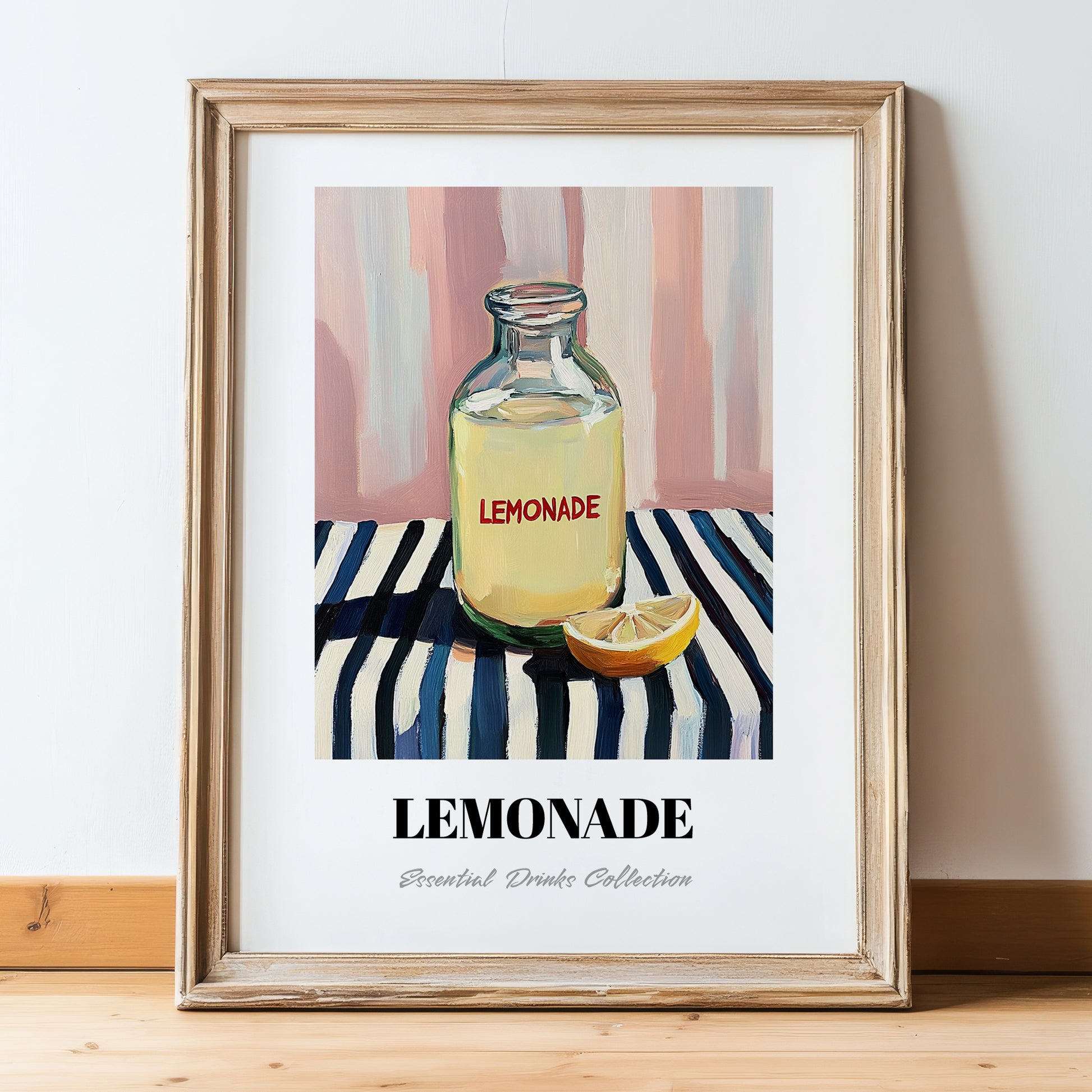 Lemonade – on Striped Tablecloth, Lemonade Poster, in wooden frame leaning on the floor