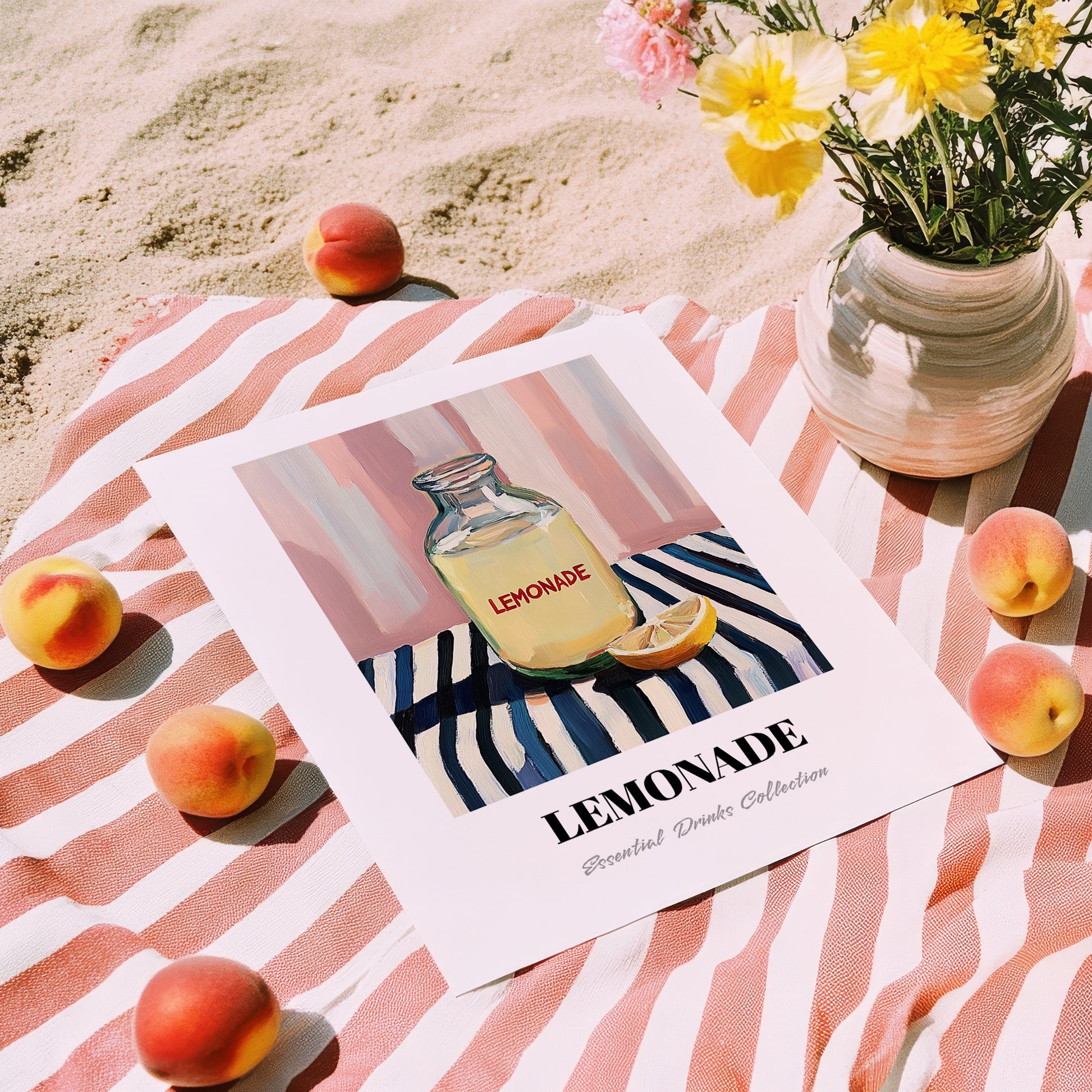 Lemonade – on Striped Tablecloth, Lemonade Poster, unframed on coastal sand