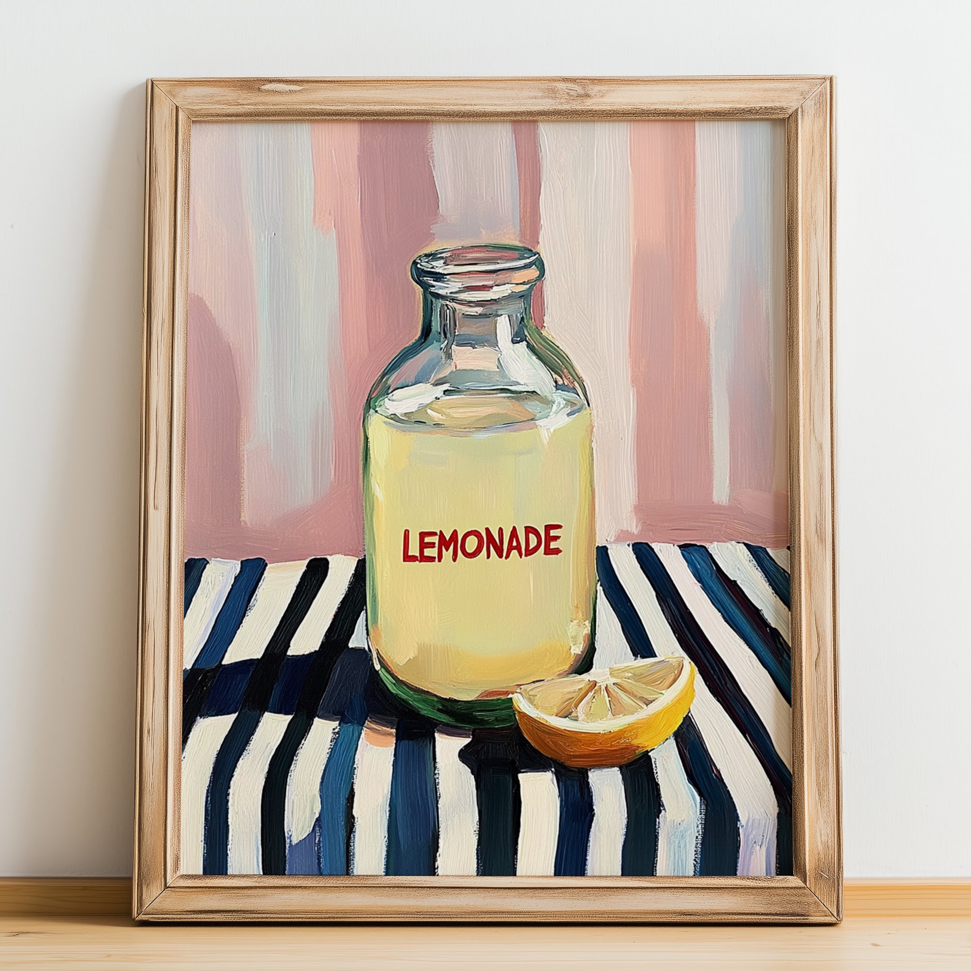 Lemonade – on Striped Tablecloth, Lemonade Poster, no-text version framed in wood