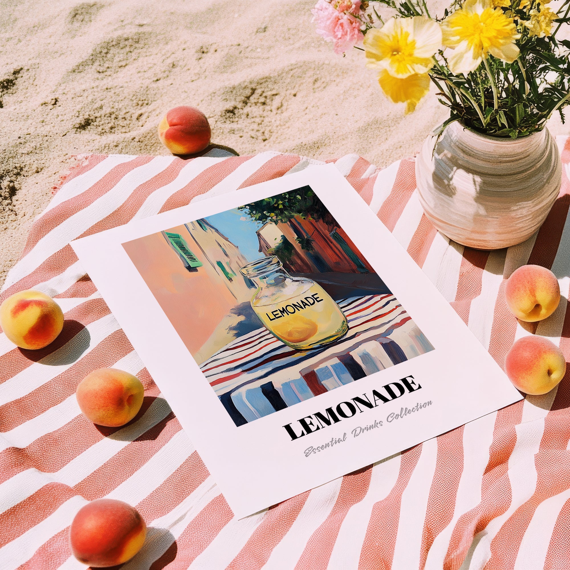 Lemonade – Italian Street Café Scene, Lemonade Illustration, unframed on coastal sand