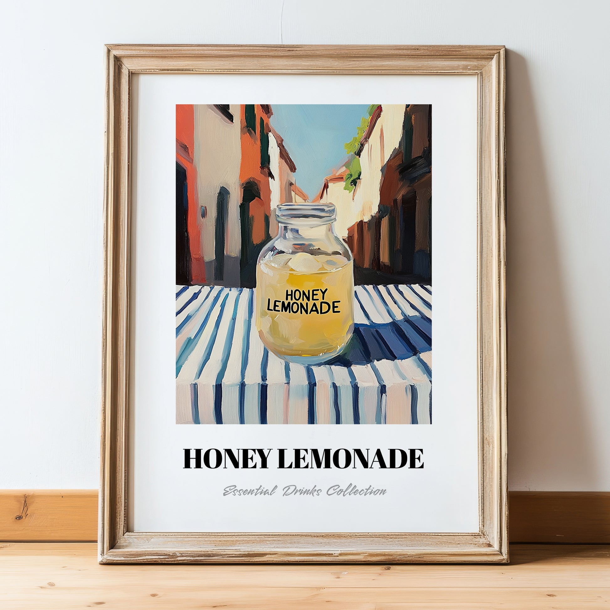 Honey Lemonade – Italian Street Café Scene, Lemonade Still Life, in wooden frame leaning on the floor