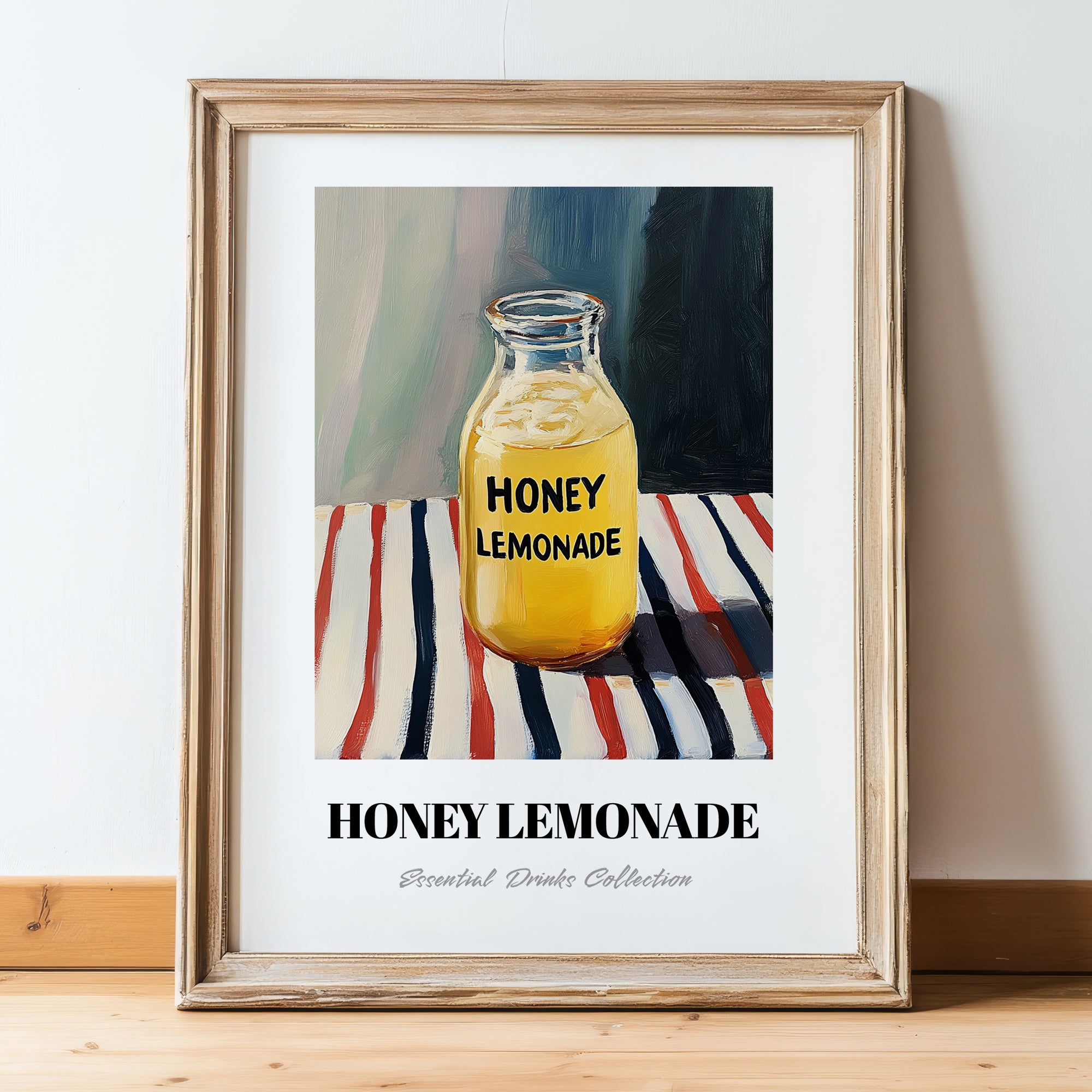 Honey Lemonade – on Striped Tablecloth, Lemonade Illustration, in wooden frame leaning on the floor