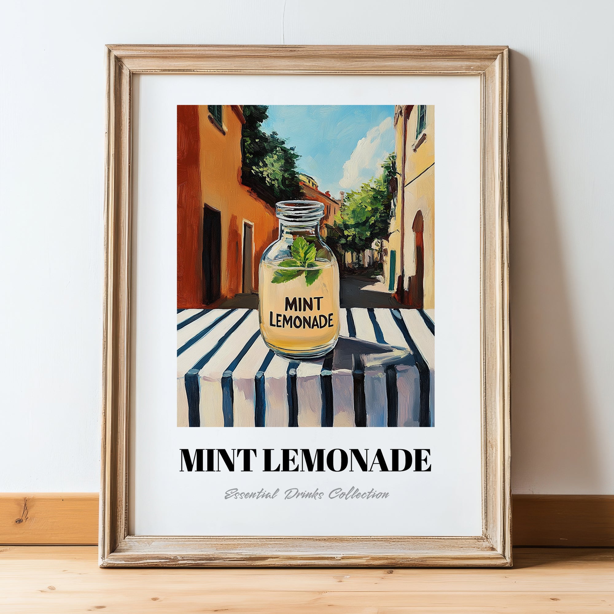 Mint Lemonade – Italian Outdoor Café Scene, Lemonade Still Life, in wooden frame leaning on the floor