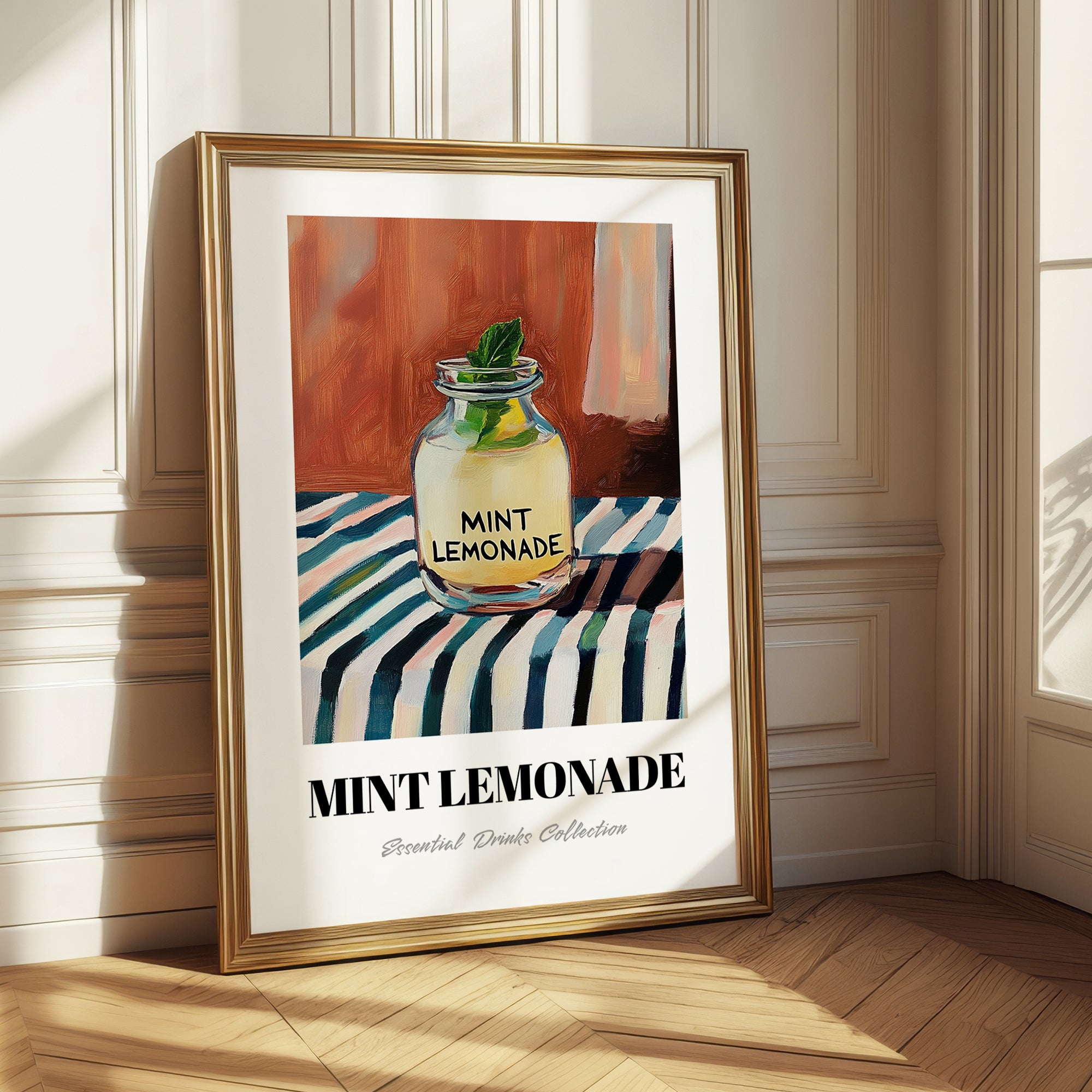 Mint Lemonade – on Striped Tablecloth, Lemonade Still Life