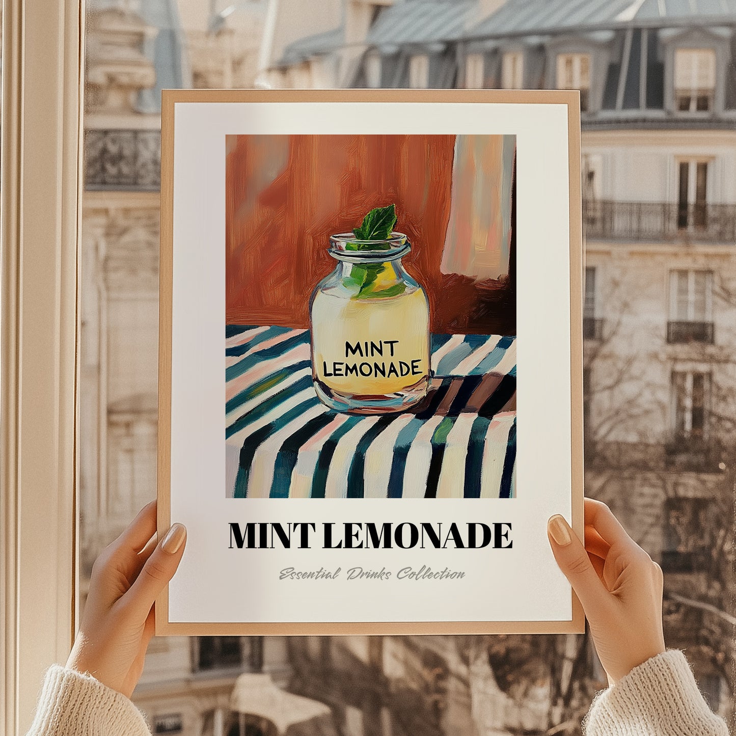 Mint Lemonade – on Striped Tablecloth, Lemonade Still Life, styled in a charming Paris street view