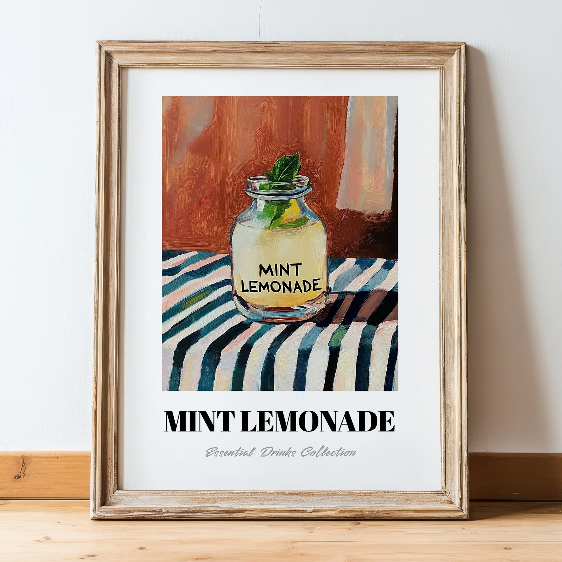 Mint Lemonade – on Striped Tablecloth, Lemonade Still Life, in wooden frame leaning on the floor