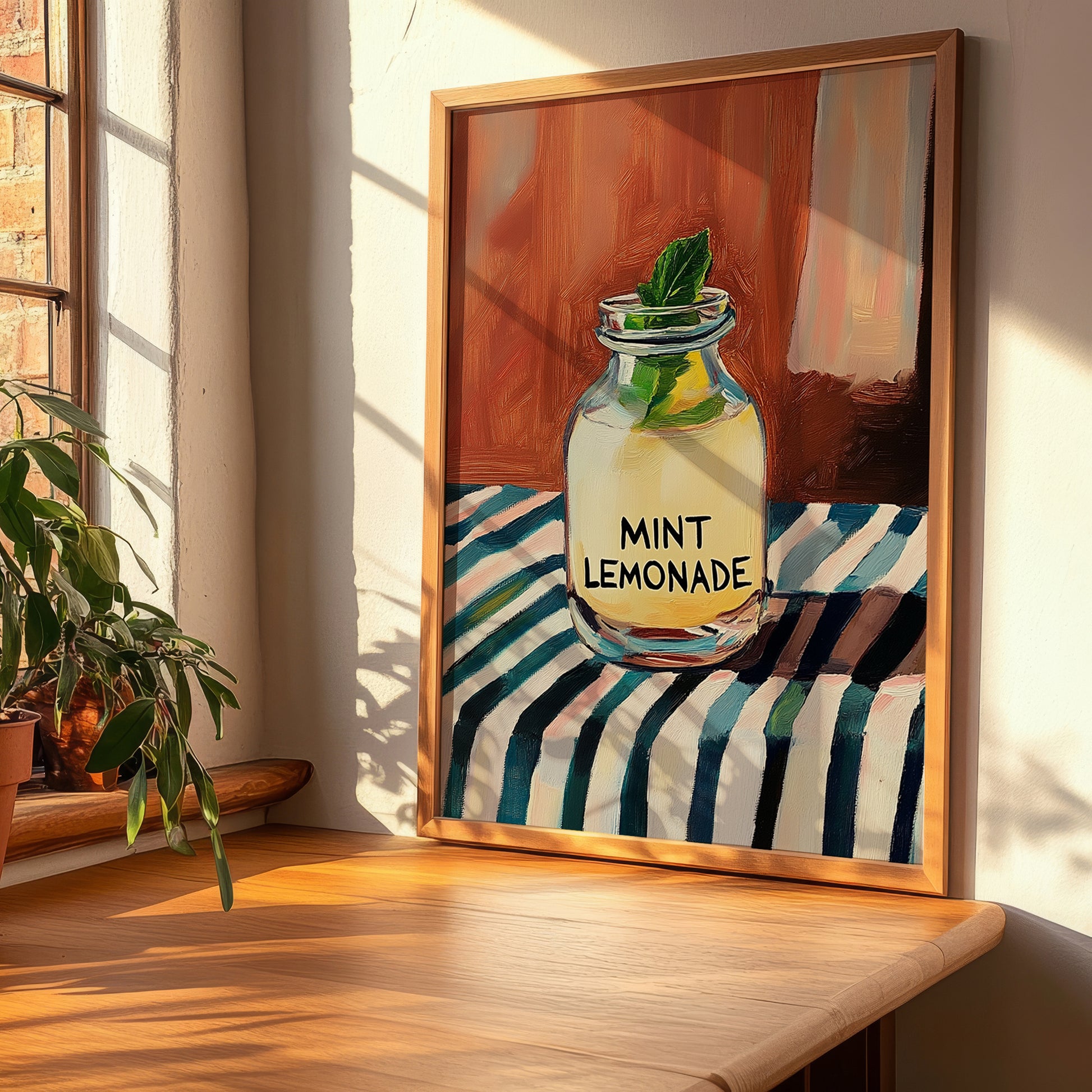 Mint Lemonade – on Striped Tablecloth, Lemonade Still Life, clean layout with no caption