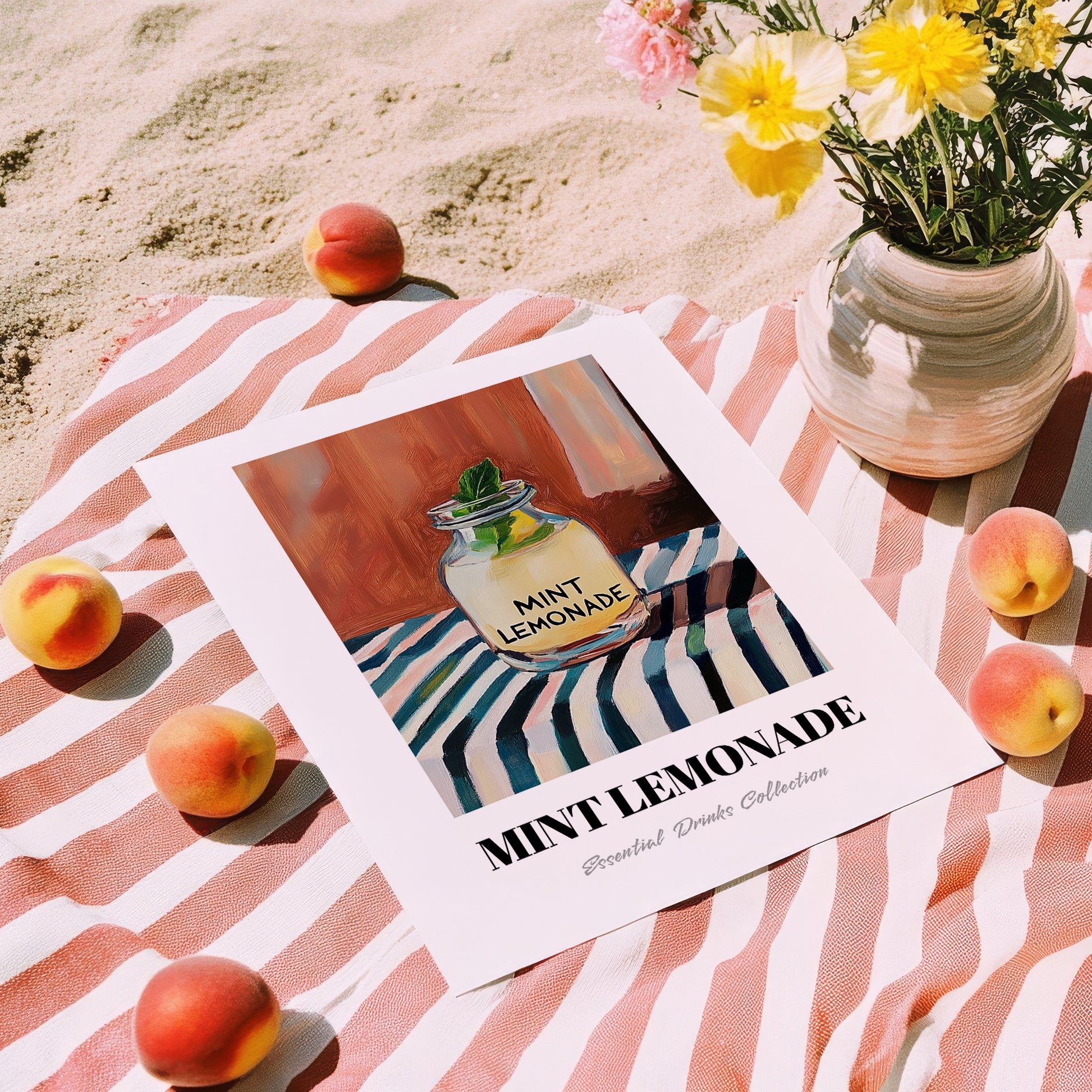 Mint Lemonade – on Striped Tablecloth, Lemonade Still Life, unframed on coastal sand