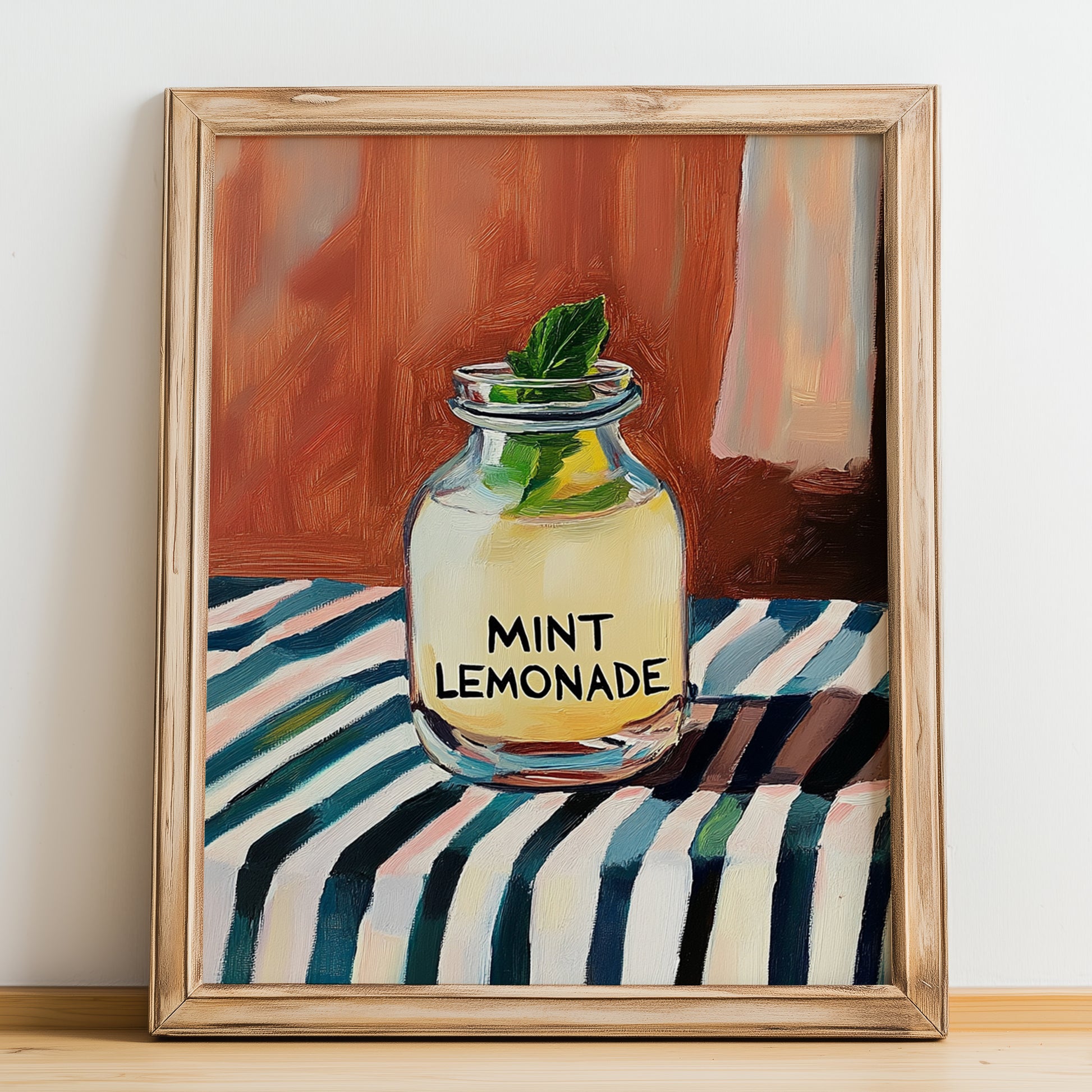 Mint Lemonade – on Striped Tablecloth, Lemonade Still Life, no-text version framed in wood