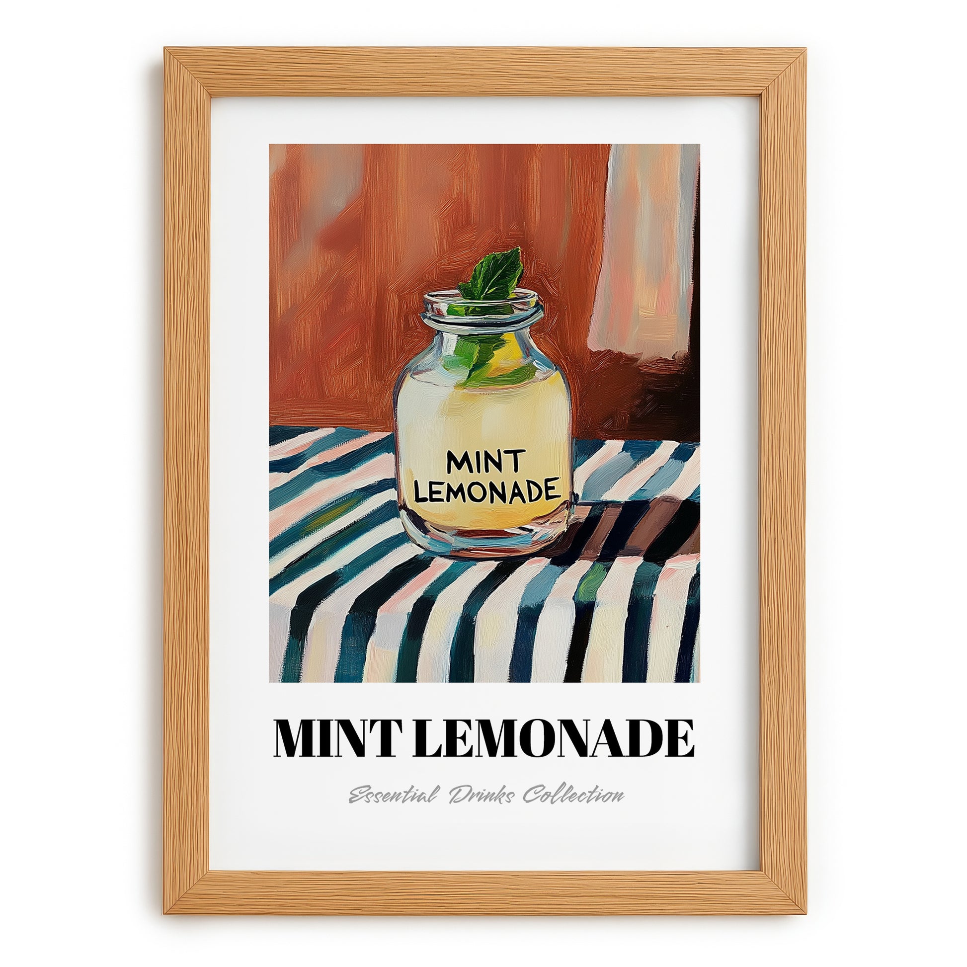 Mint Lemonade – on Striped Tablecloth, Lemonade Still Life, set in oak frame