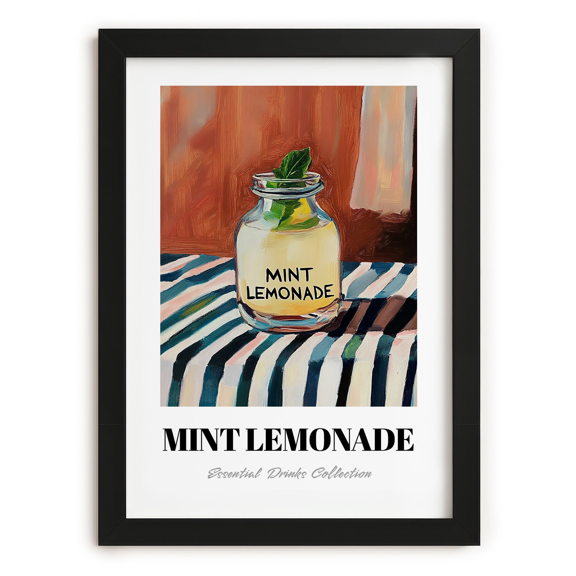 Mint Lemonade – on Striped Tablecloth, Lemonade Still Life, in sleek black frame