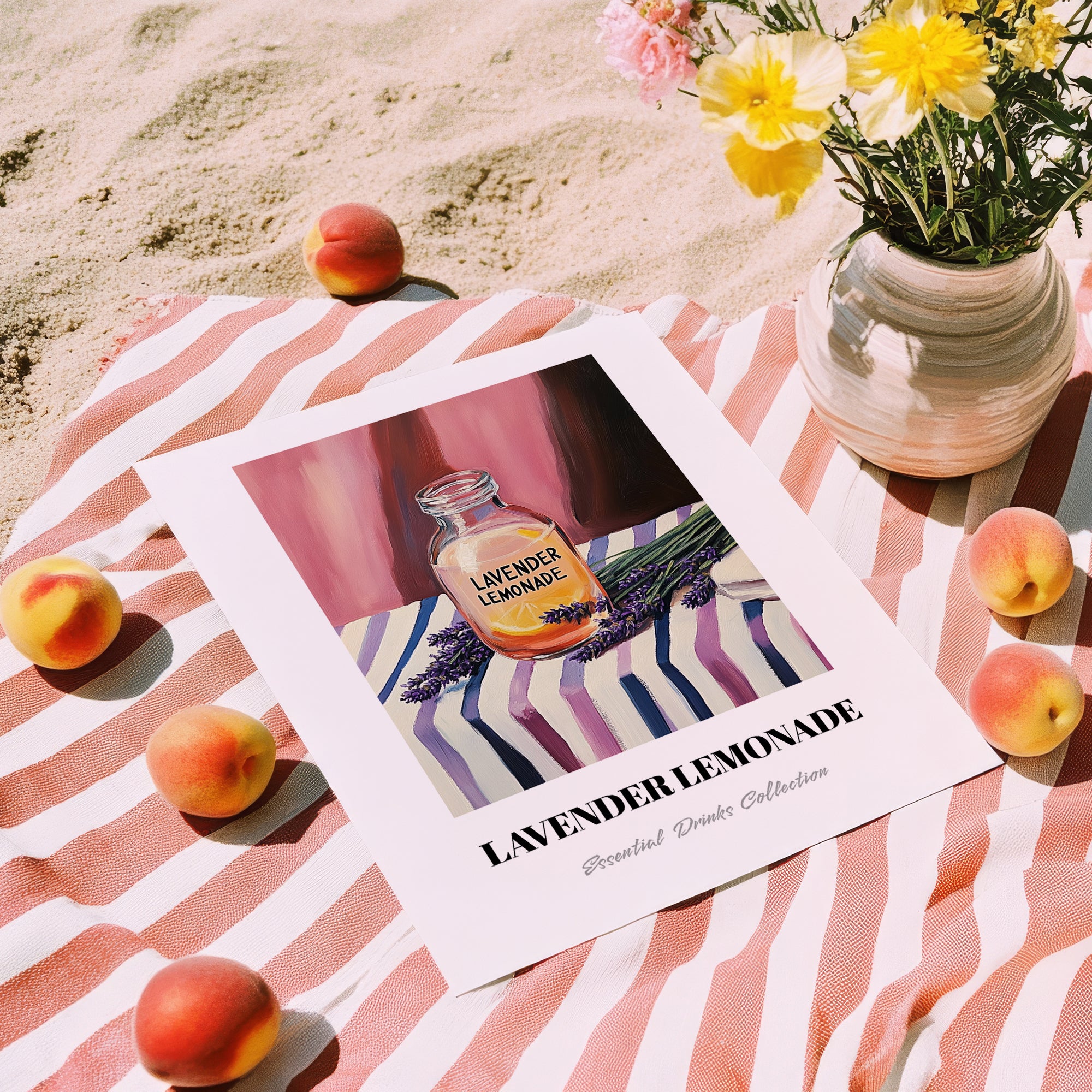 Lavender Lemonade – on Striped Tablecloth, Lemonade Print, unframed on coastal sand