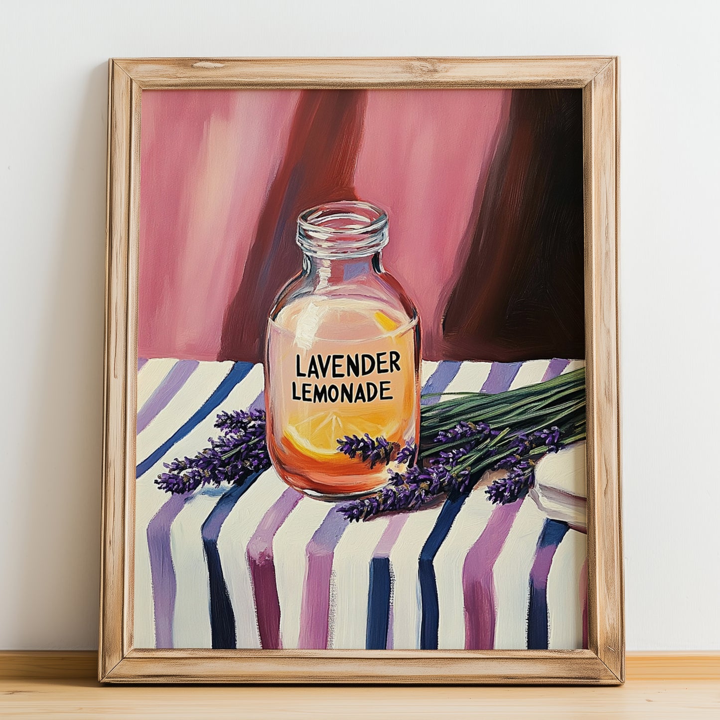 Lavender Lemonade – on Striped Tablecloth, Lemonade Print, no-text version framed in wood