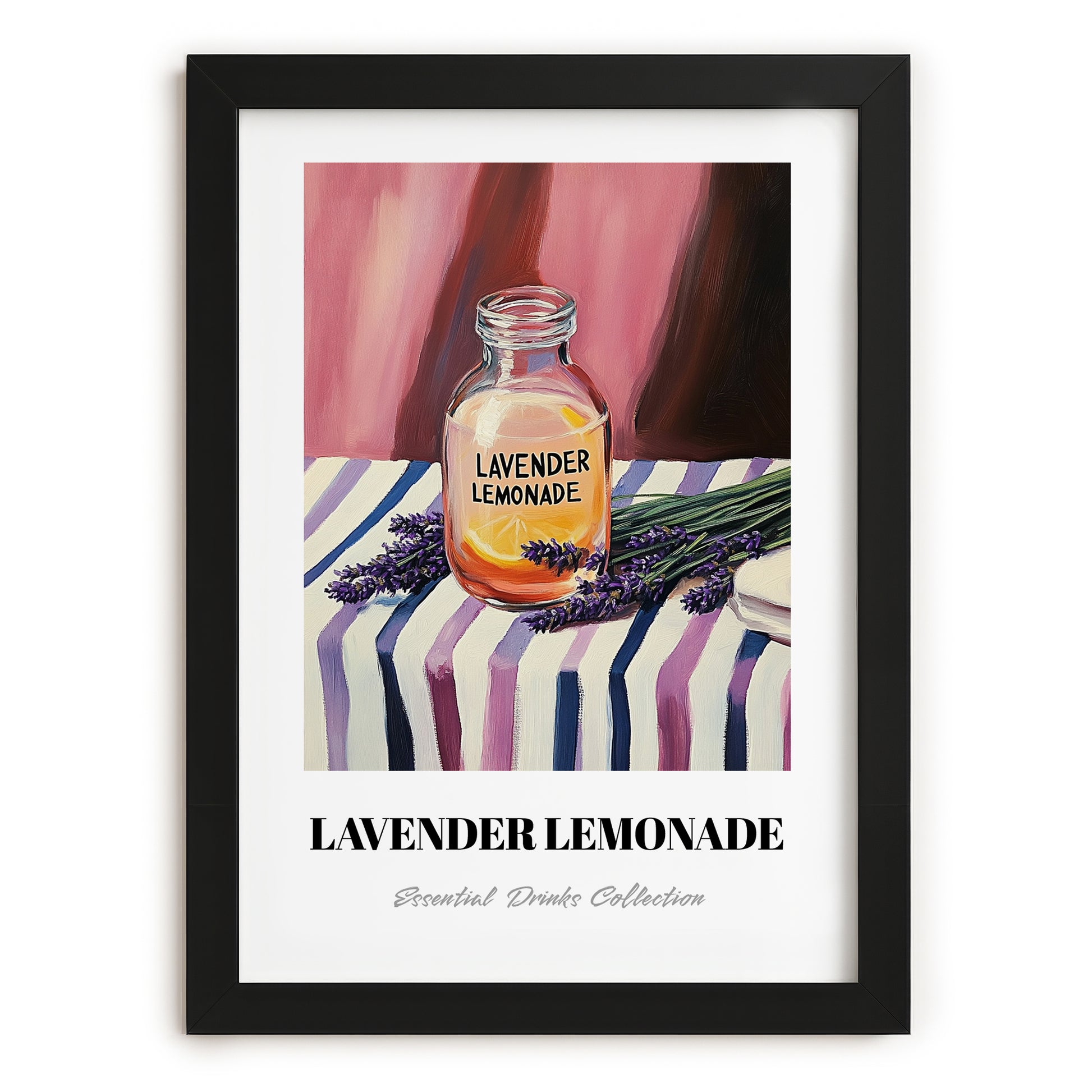 Lavender Lemonade – on Striped Tablecloth, Lemonade Print, in sleek black frame