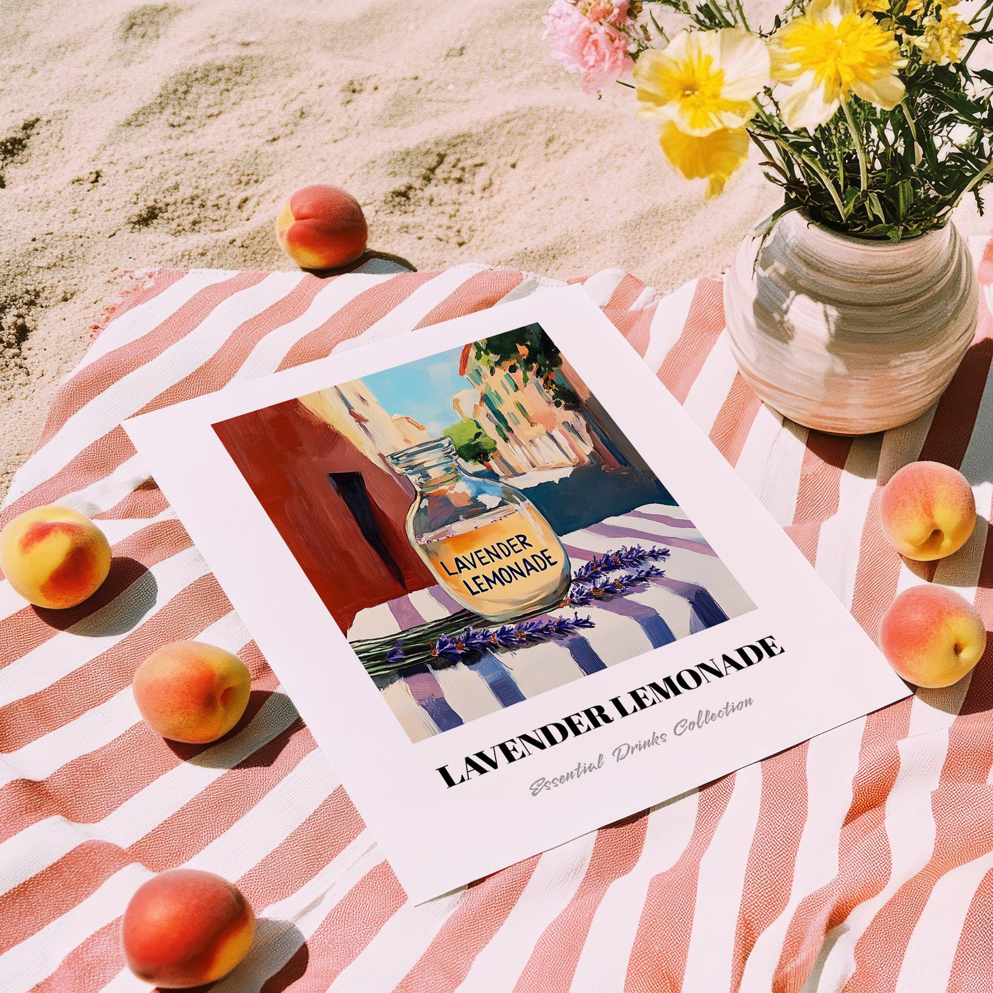 Lavender Lemonade – Italian Café on the Corner, Lemonade Art, unframed on coastal sand