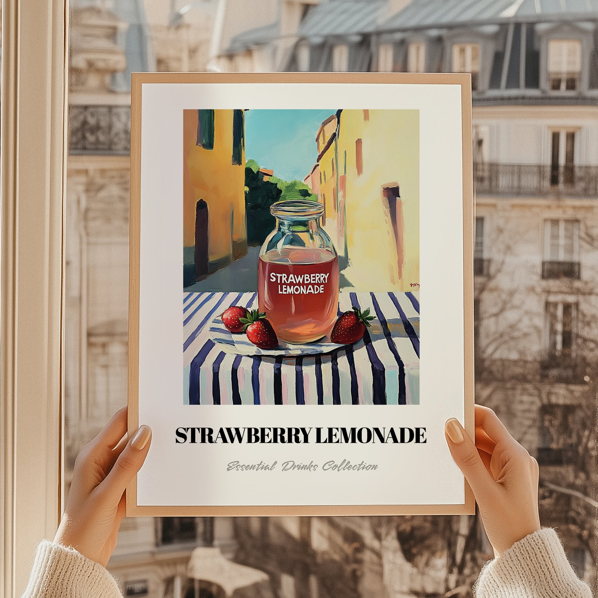 Strawberry Lemonade – Italian Street Café Scene, Lemonade Poster, styled in a charming Paris street view
