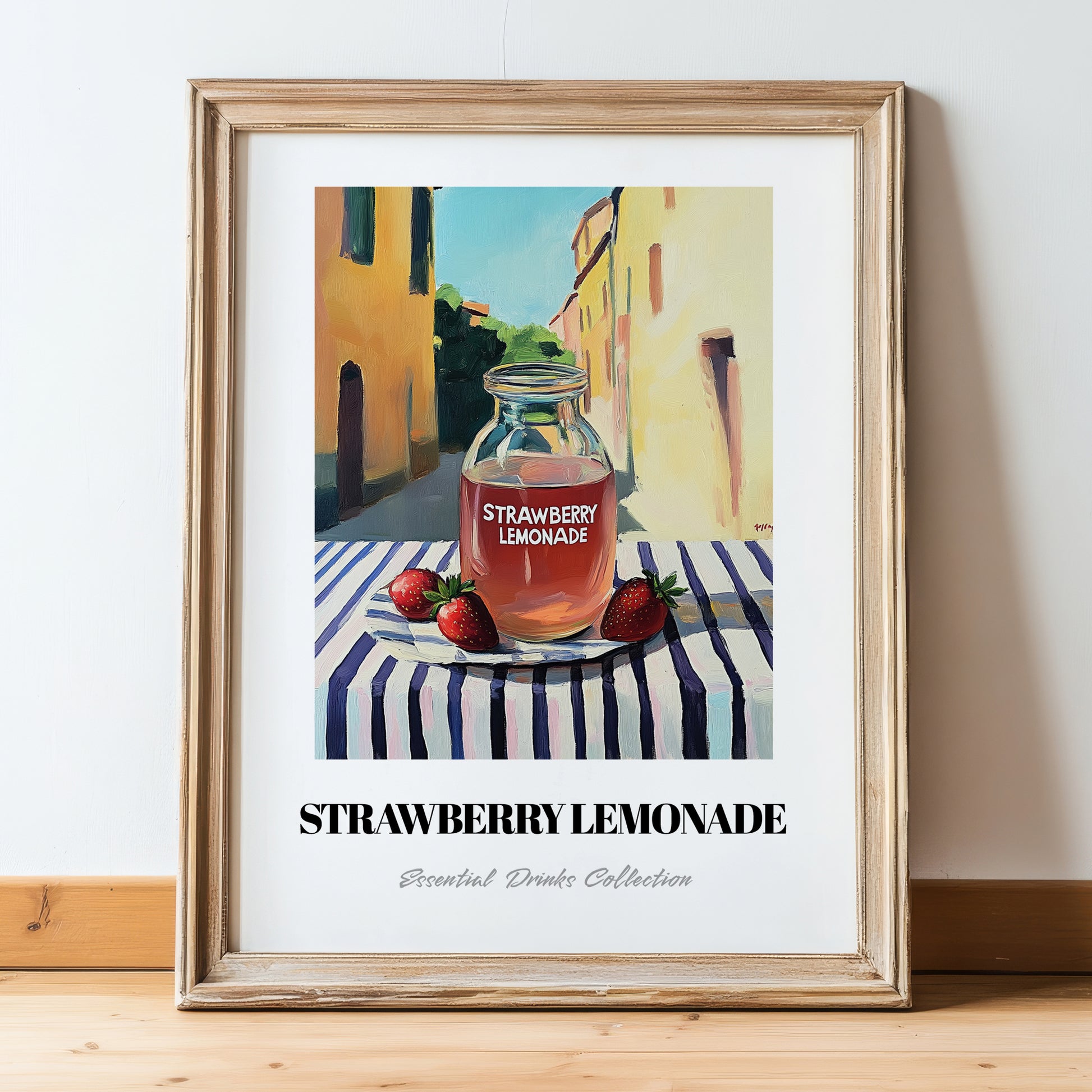 Strawberry Lemonade – Italian Street Café Scene, Lemonade Poster, in wooden frame leaning on the floor