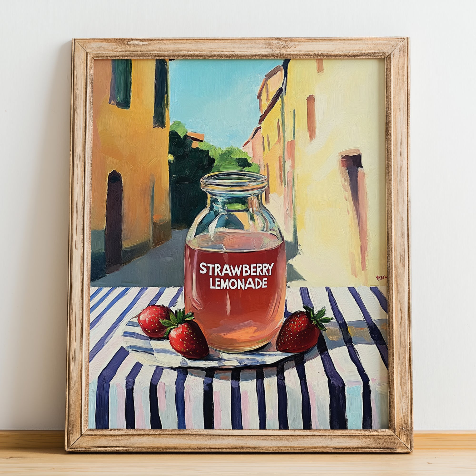 Strawberry Lemonade – Italian Street Café Scene, Lemonade Poster, no-text version framed in wood