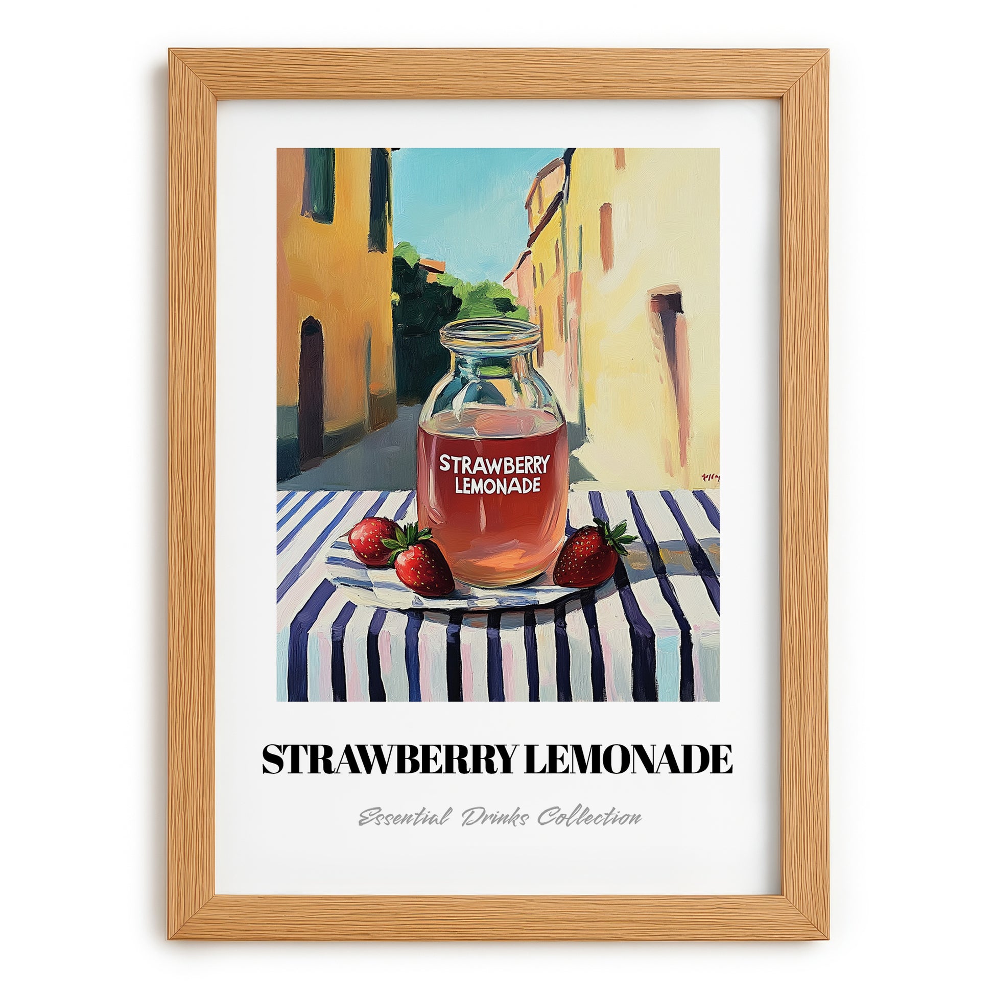 Strawberry Lemonade – Italian Street Café Scene, Lemonade Poster, set in oak frame