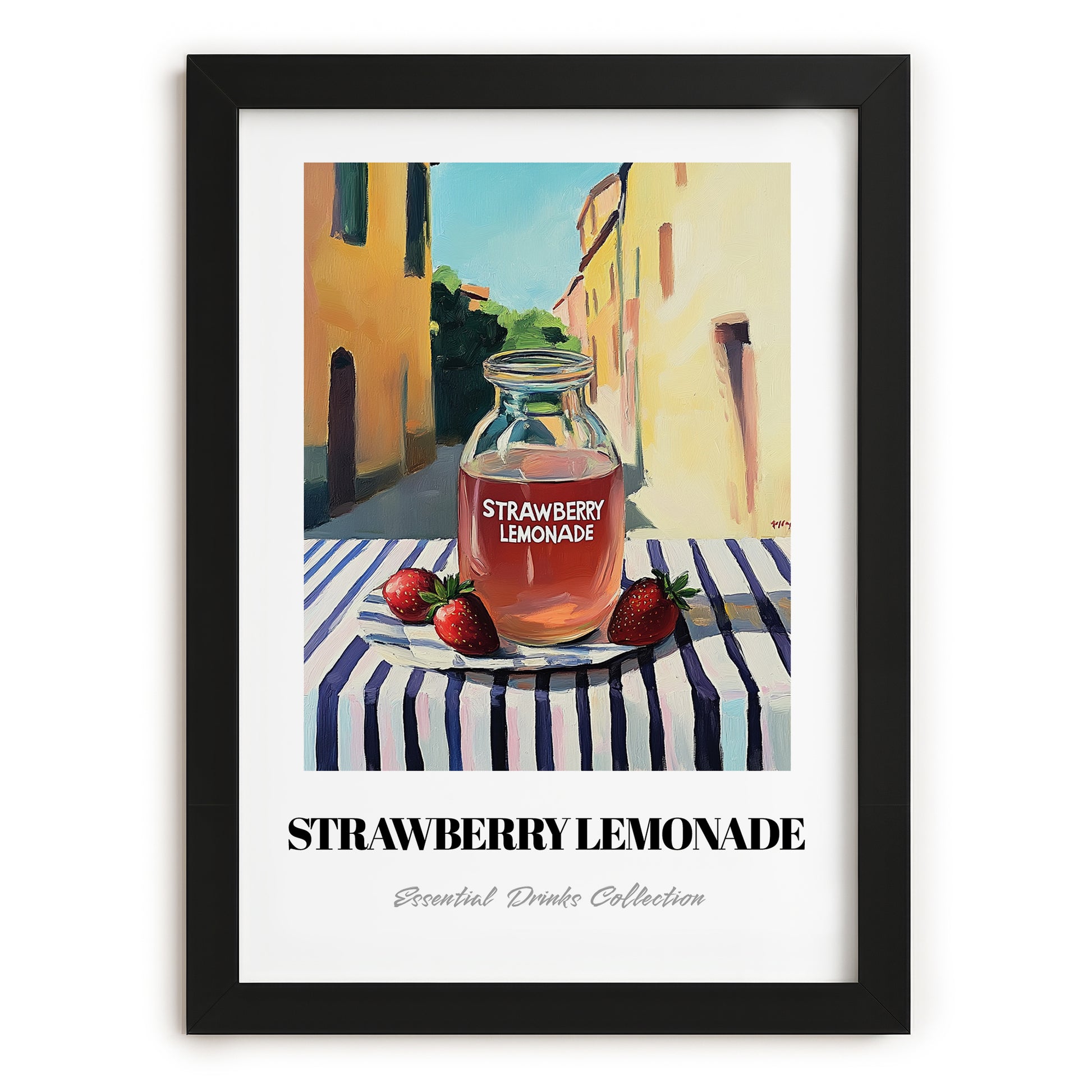 Strawberry Lemonade – Italian Street Café Scene, Lemonade Poster, in sleek black frame