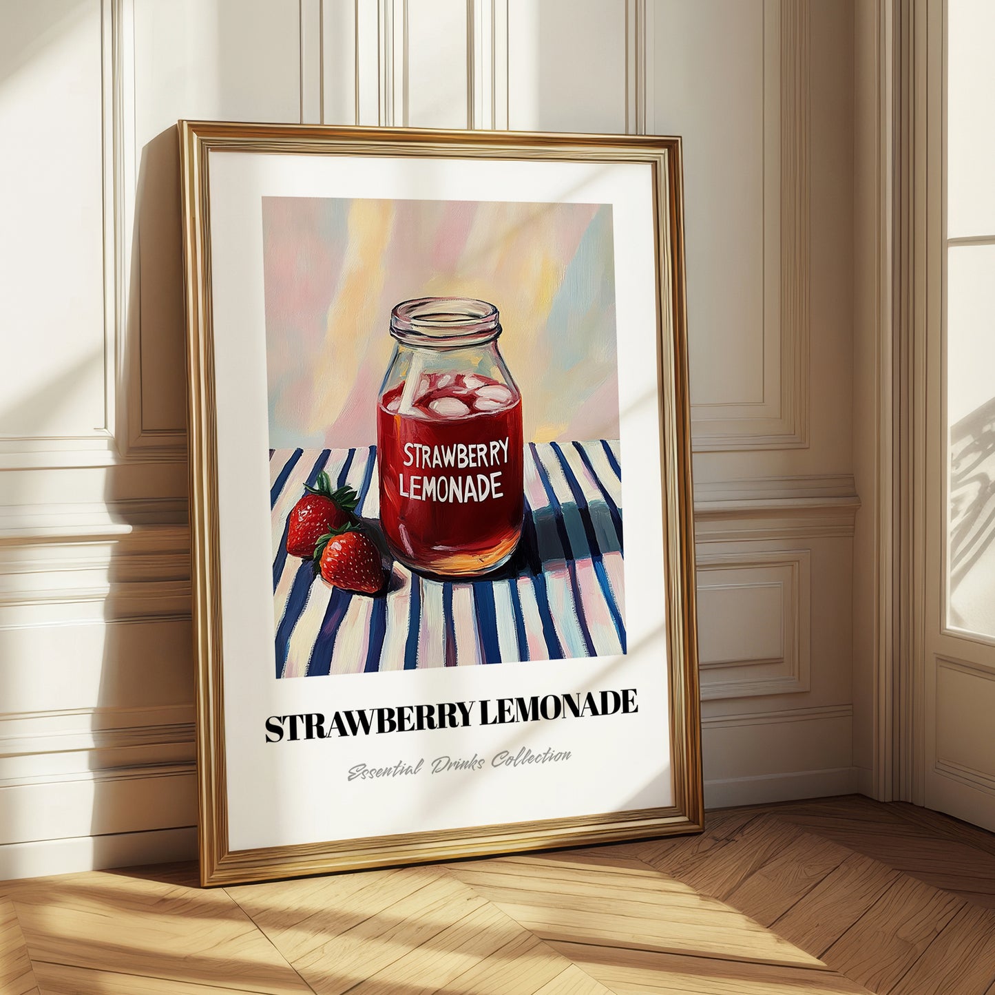 Strawberry Lemonade – on Striped Tablecloth, Lemonade Painting