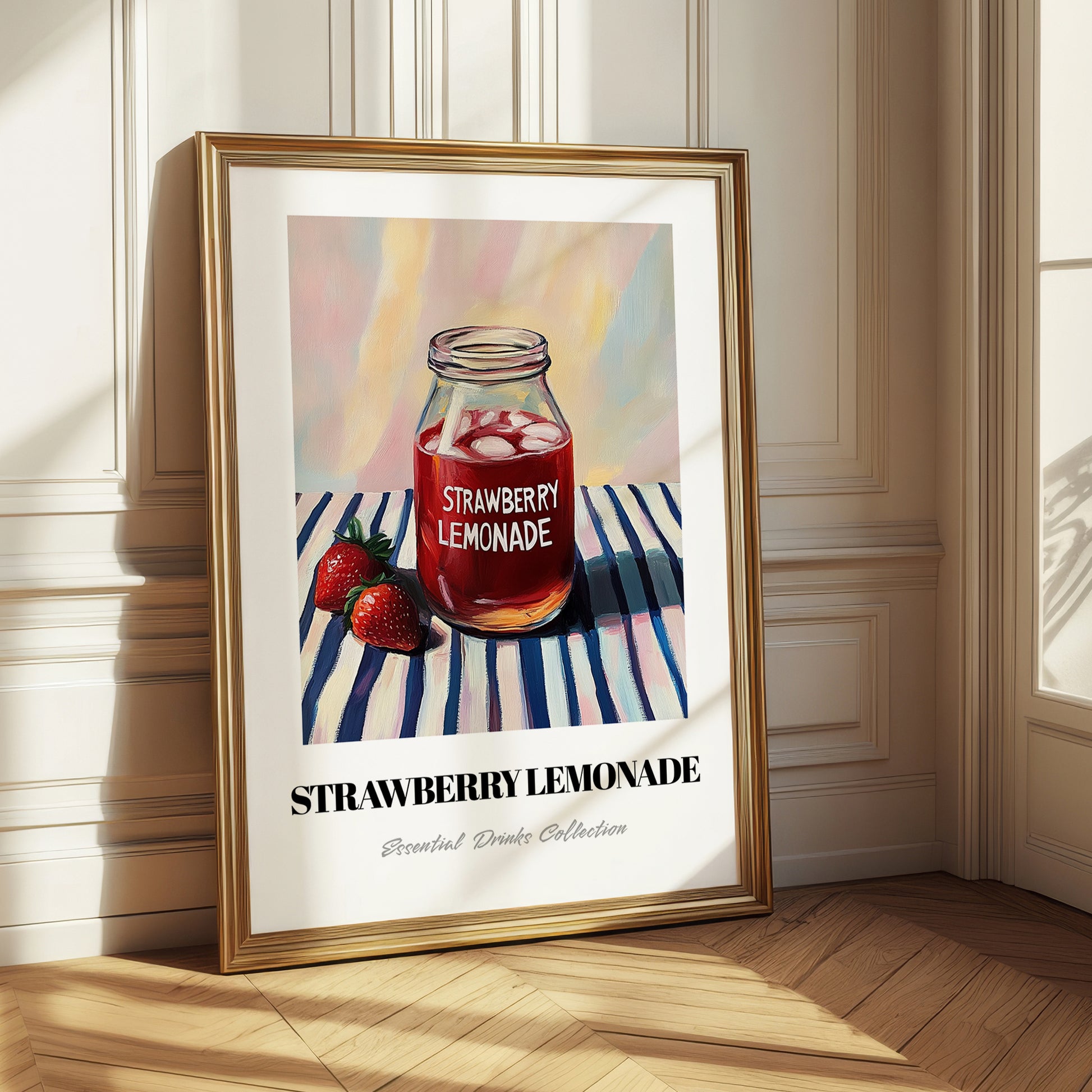 Strawberry Lemonade – on Striped Tablecloth, Lemonade Painting