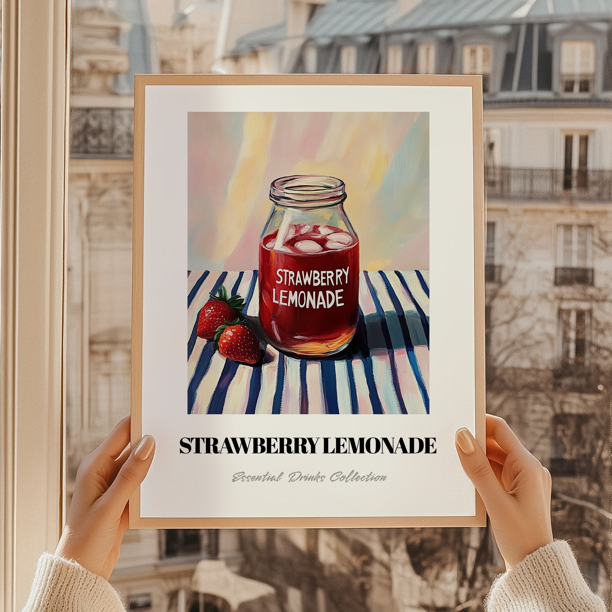 Strawberry Lemonade – on Striped Tablecloth, Lemonade Painting, styled in a charming Paris street view