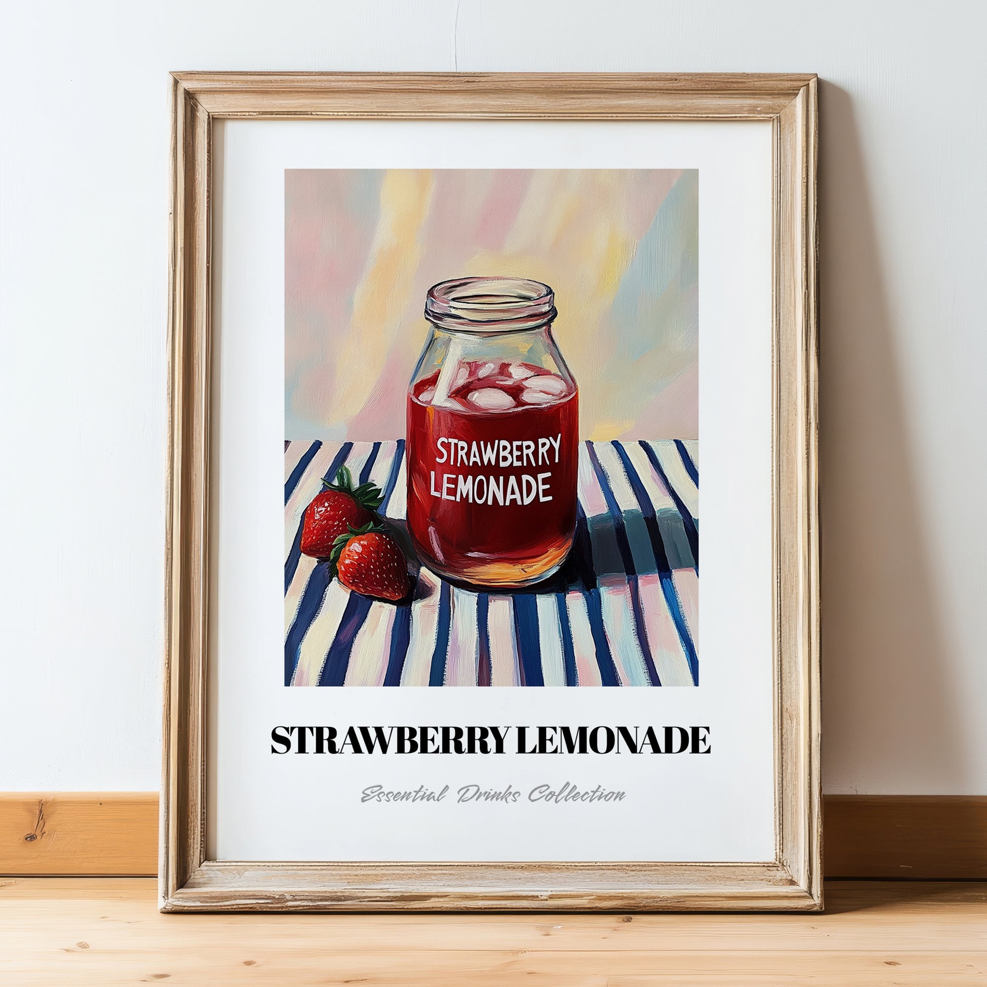 Strawberry Lemonade – on Striped Tablecloth, Lemonade Painting, in wooden frame leaning on the floor